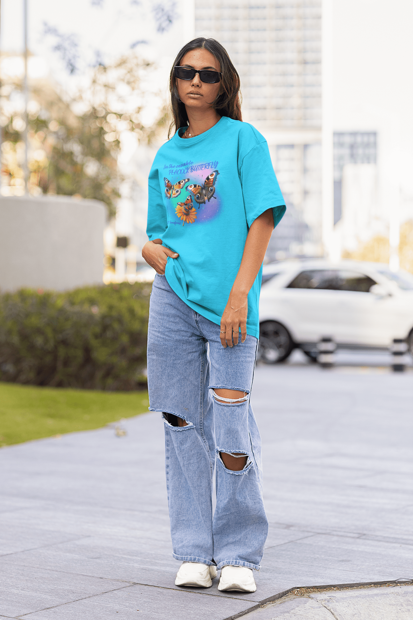 Shez Transforms Peacock Butterfly Sky Blue Oversized women Tshirts & Women Tops, Size : S , M, L, XL, 2XL, 3XL, 4XL, 5XL. Model Front Pose