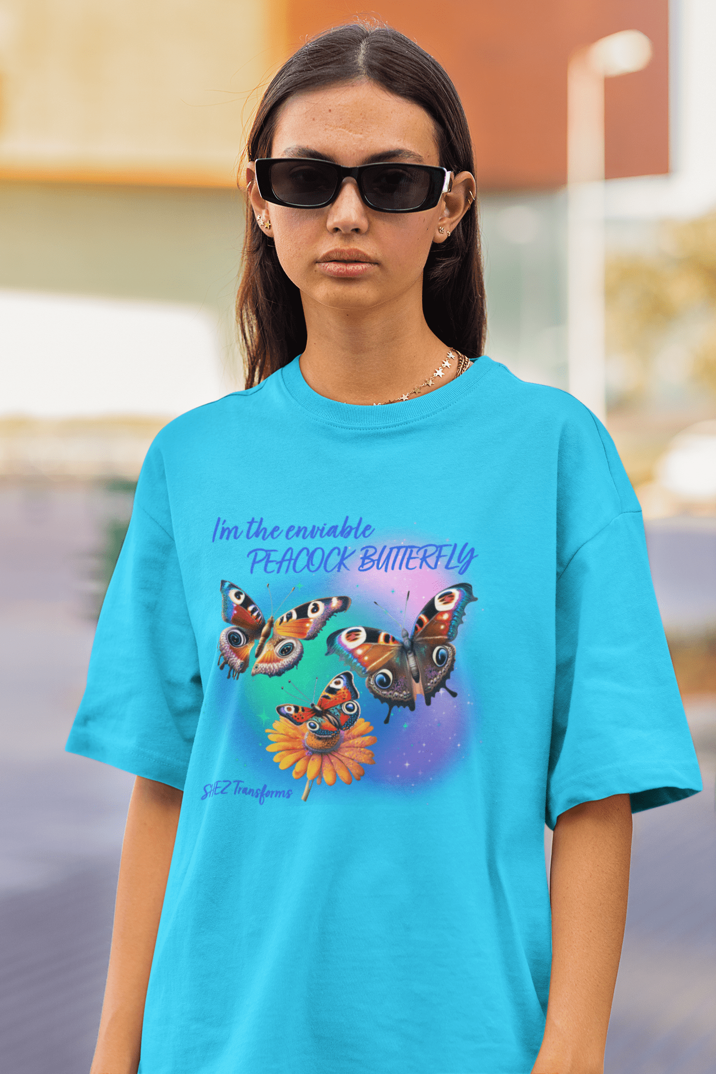 Shez Transforms Peacock Butterfly Sky Blue Oversized women Tshirts & Women Tops, Size : S , M, L, XL, 2XL, 3XL, 4XL, 5XL. Model  Half