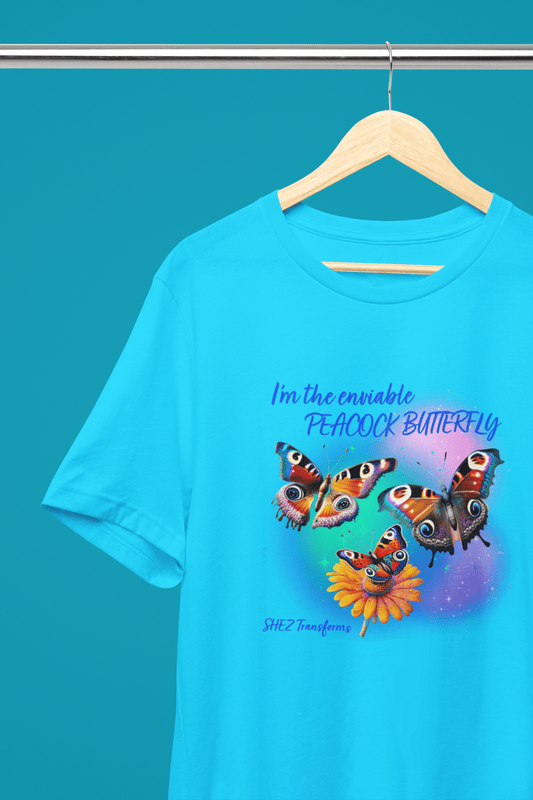 Shez Transforms Peacock Butterfly Sky Blue Oversized women Tshirts & Women Tops, Size : S , M, L, XL, 2XL, 3XL, 4XL, 5XL. Hanger Pose