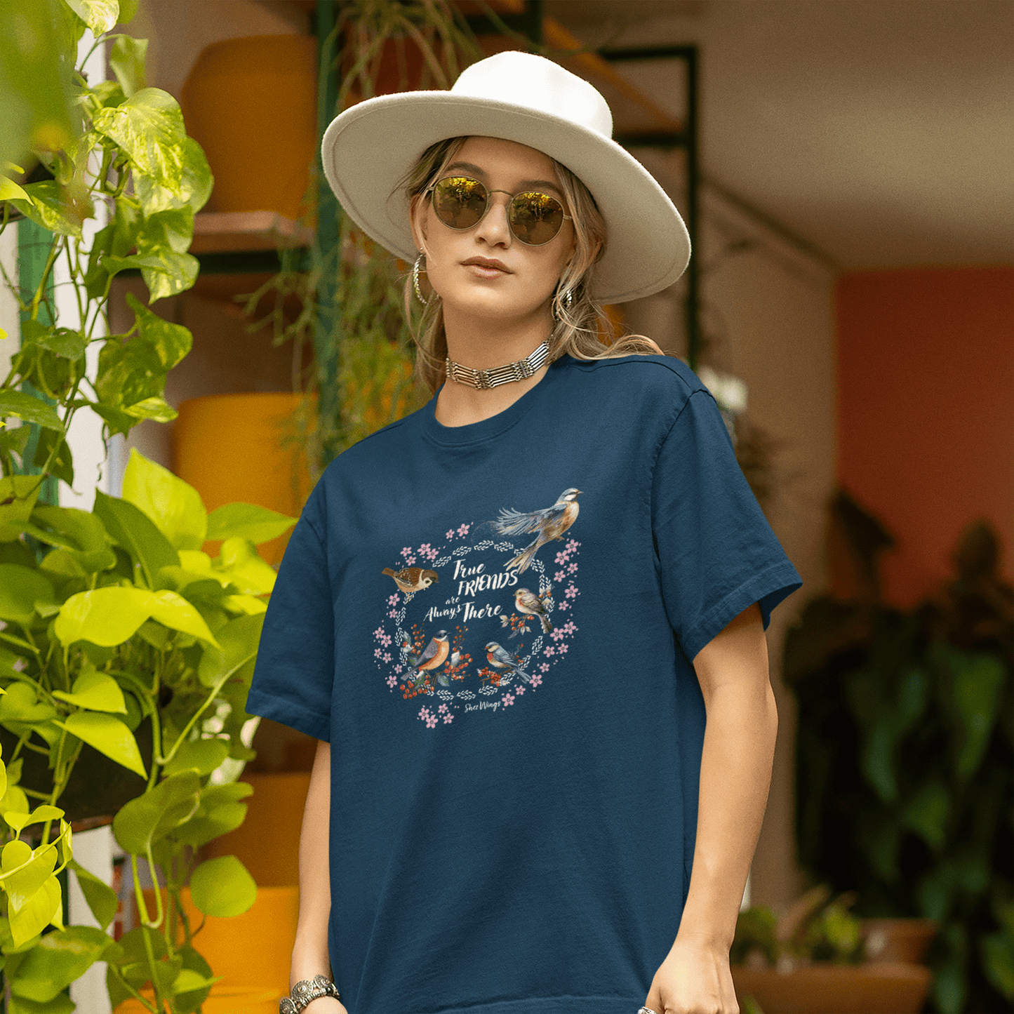 Shez Wings, Teus Friends, Navy Blue Bird Printed Over Sized T Shirt Women, S,M,L,XL,2XL,3XL,4XL,5XL, Model half View