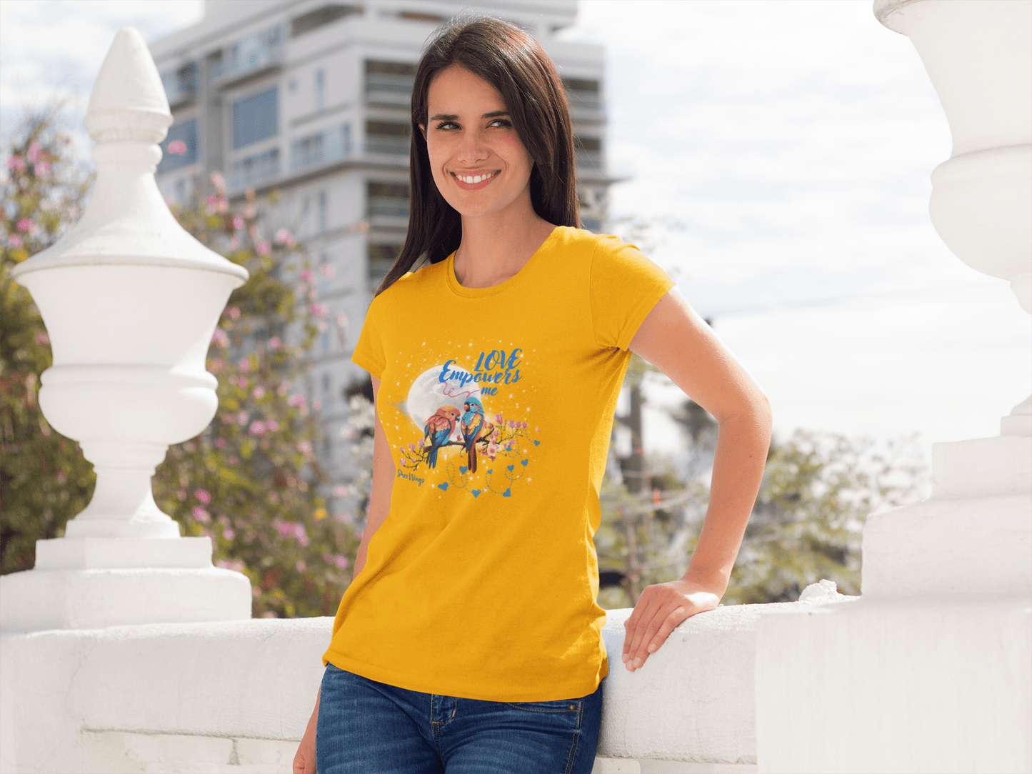 Shez Wings, Love. Golden Yellow Oversize T shirt Women, S,m,l,xl,2xl,3xl,4xl,5xl, Model standing against wall view