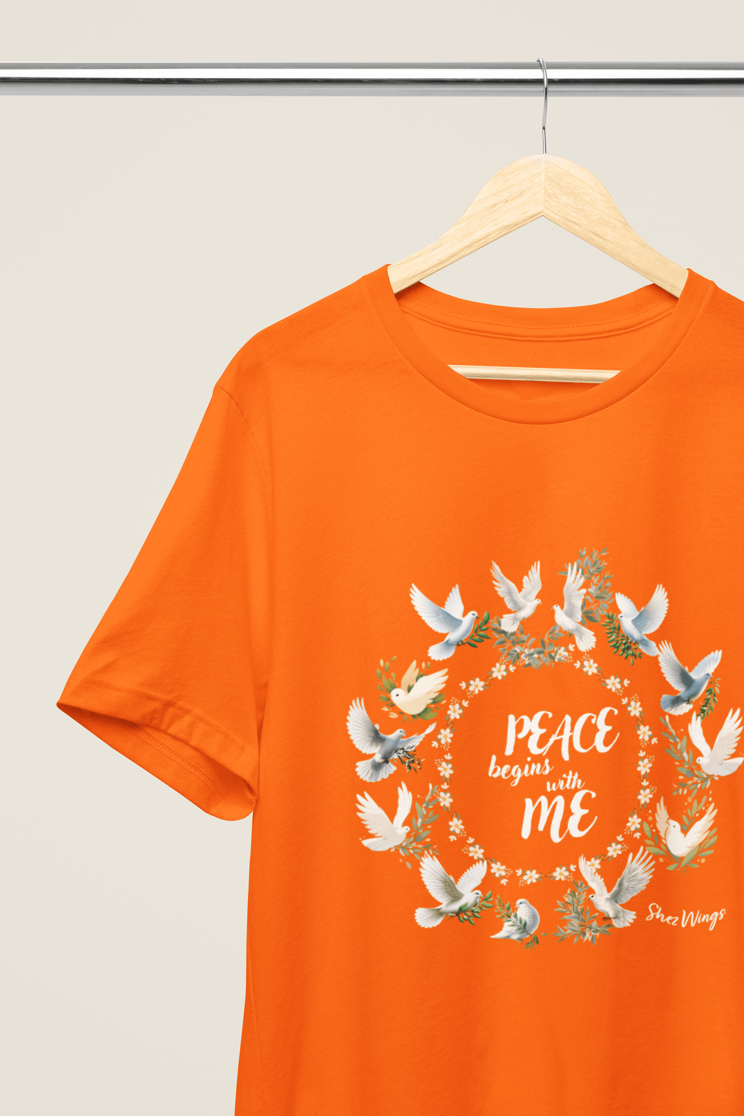 Shez Wings Peace, Orange, Oversized T Shirt Women, Hanger view, S,M,L,XL, 2XL,3XL,4XL