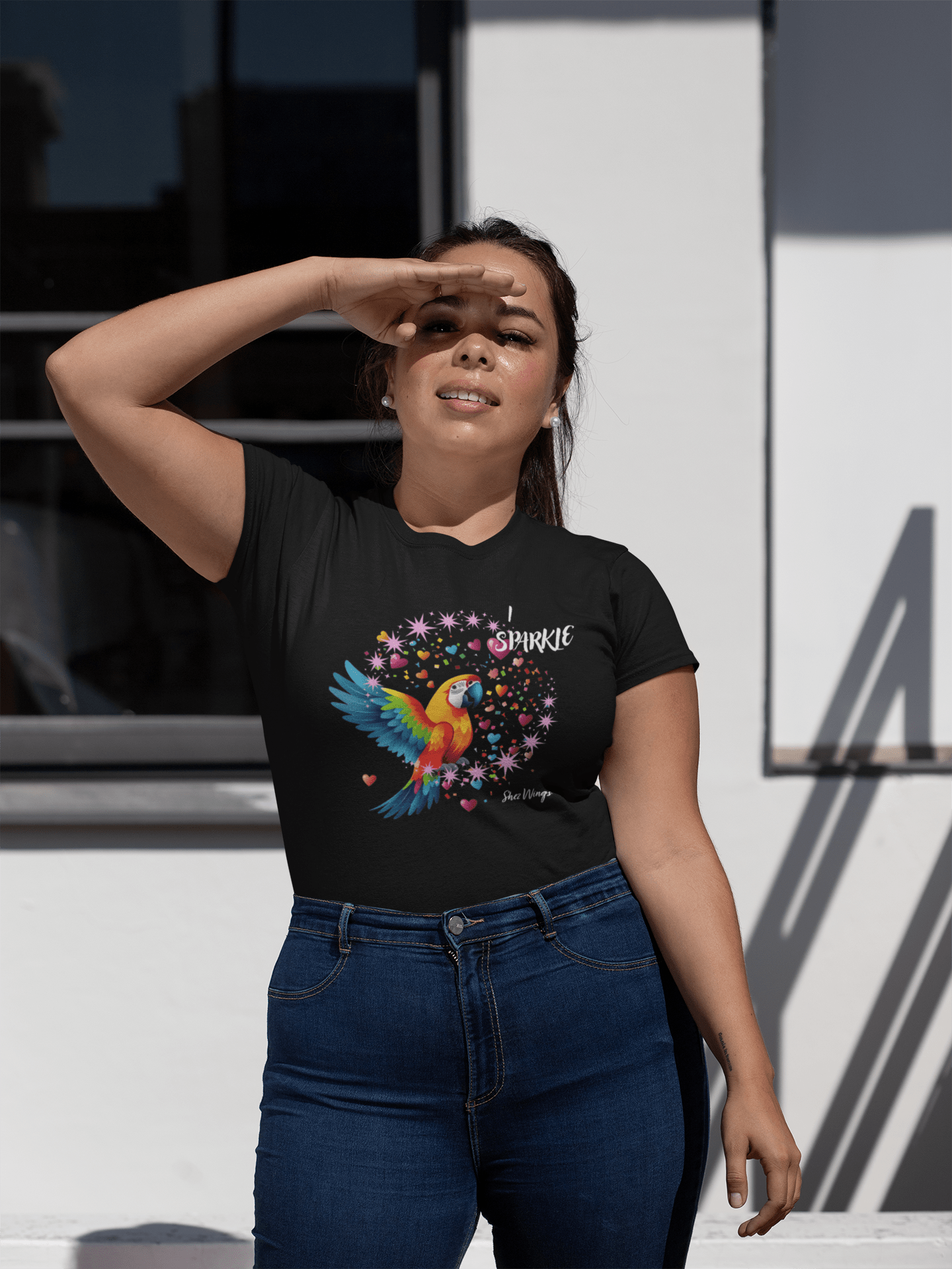 Shez Wings, I Sparkle, Black Printed Over Sized T Shirt Women, S,M,L,XL,2XL,3XL,4XL,5XL, Model in Sun View