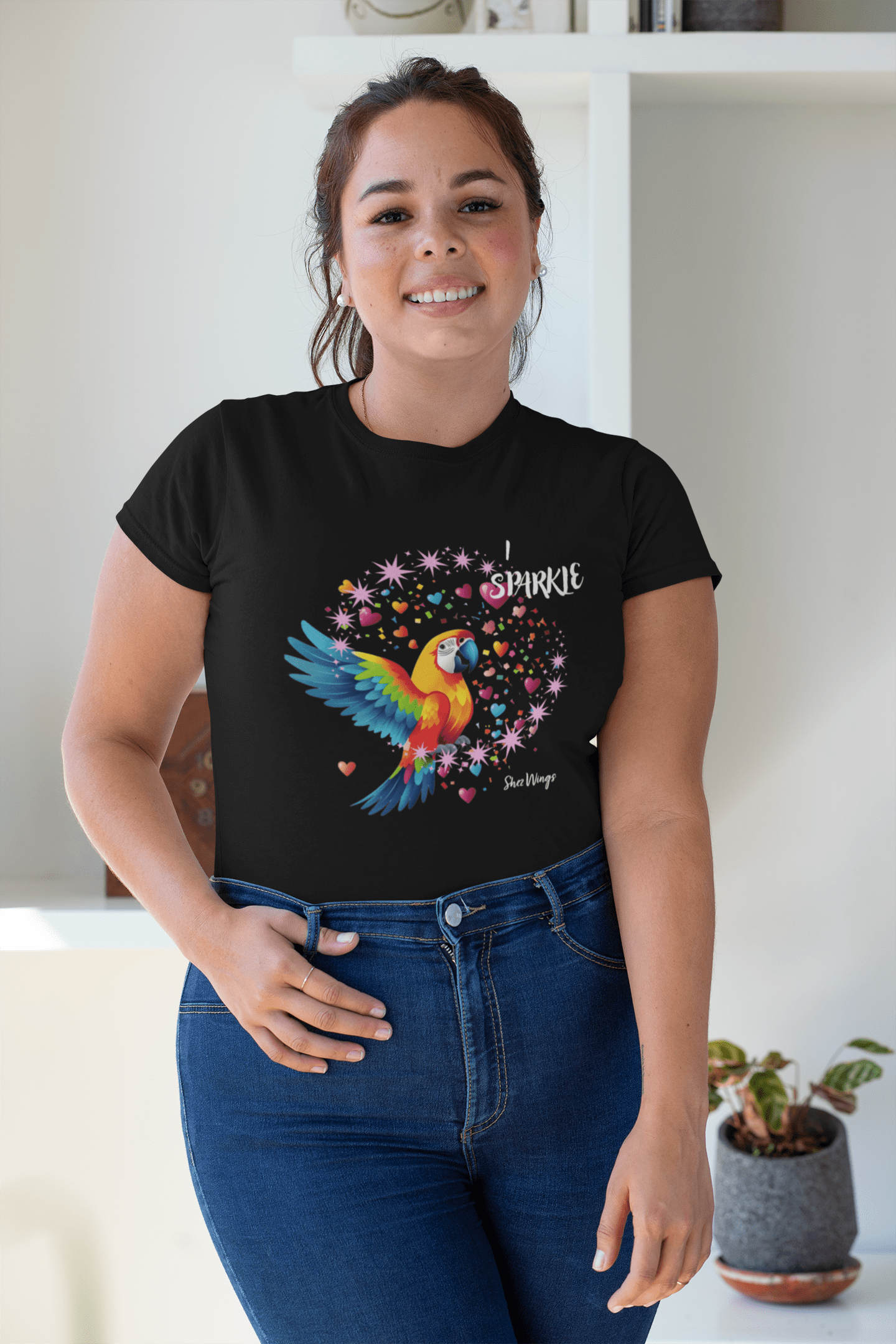 Shez Wings, I Sparkle, Black Printed Over Sized T Shirt Women, S,M,L,XL,2XL,3XL,4XL,5XL, Model smiling View