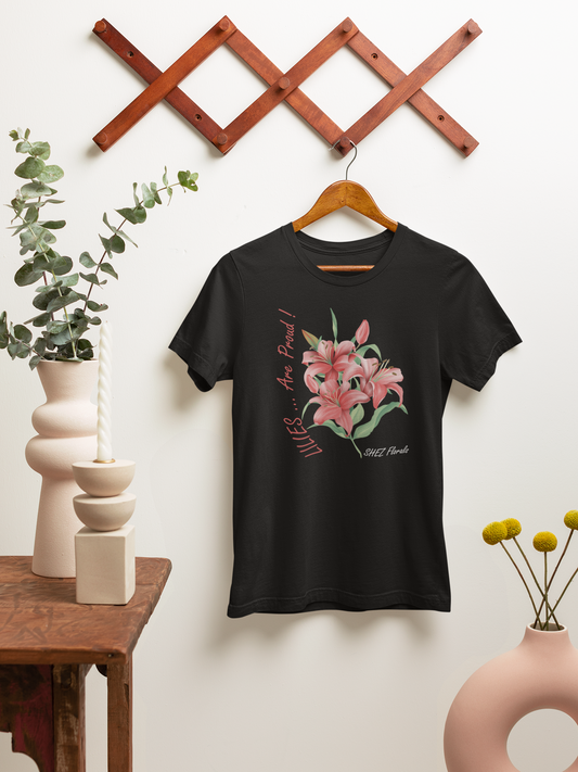 Shez Florals, Red Lilies Black Oversized Printed T Shirt Women, S,M,L,XL,2XL,3XL,4XL,5XL, Hanger View