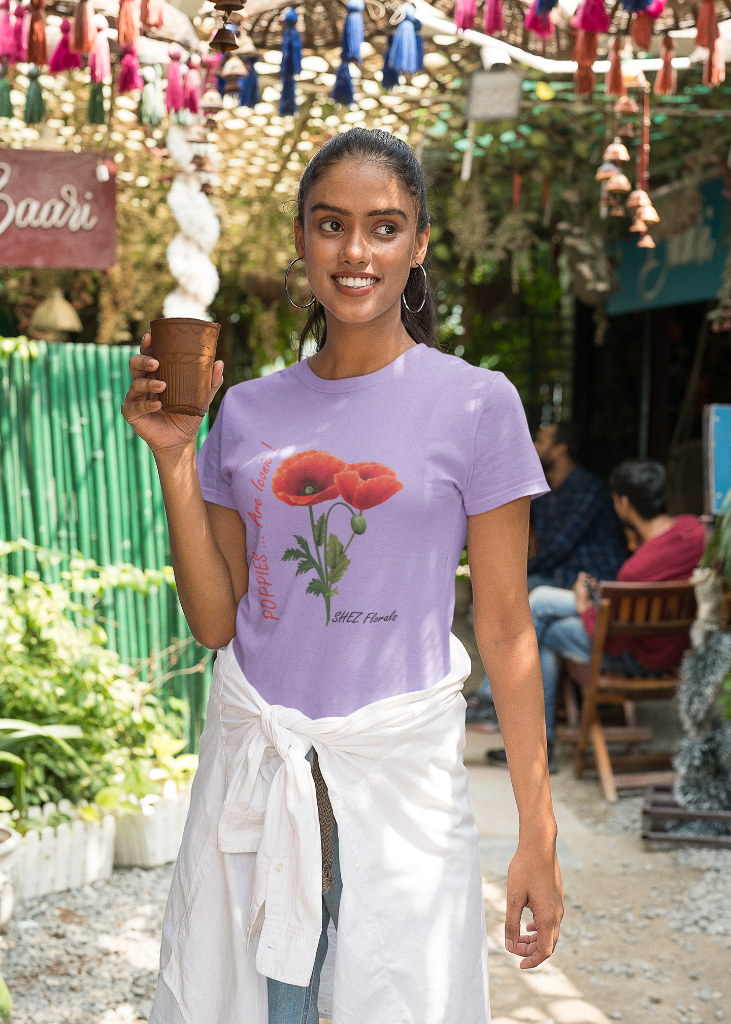 Shez Florals, Poppies Lavender Printed Oversized T Shirt Women, S,M,L,XL,2XL,3XL,4XL,5XL, Model with tea view