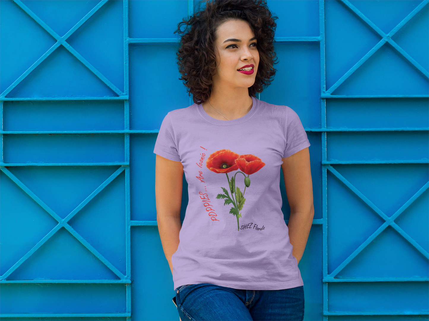 Shez Florals, Poppies Lavender Printed Oversized T Shirt Women, S,M,L,XL,2XL,3XL,4XL,5XL, Model standing on blue wall