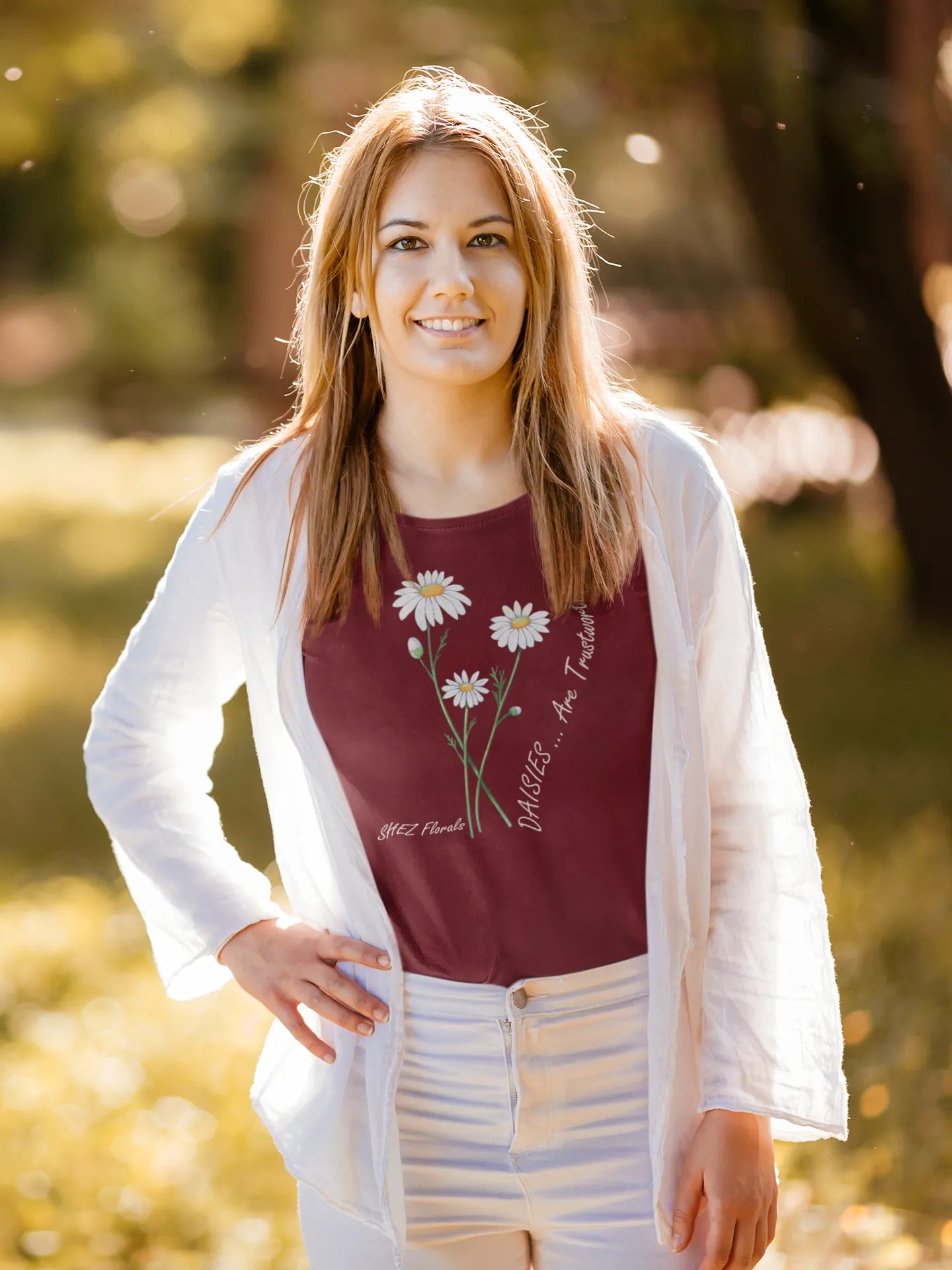 Shez Florals Maroon T Shirt for Women, Daisies