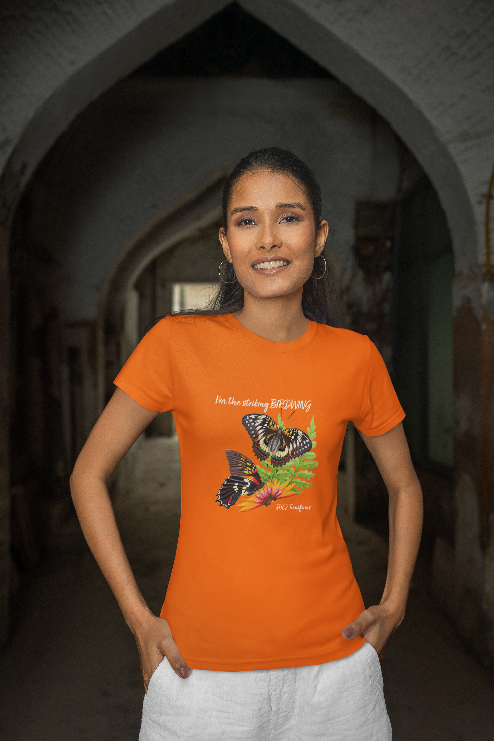 Shez Transforms Birdwing Orange, Oversized Loose Fit women Tshirts & Women Tops, Size : S , M, L, XL, 2XL, 3XL, 4XL, 5XL, Model Standing Front View