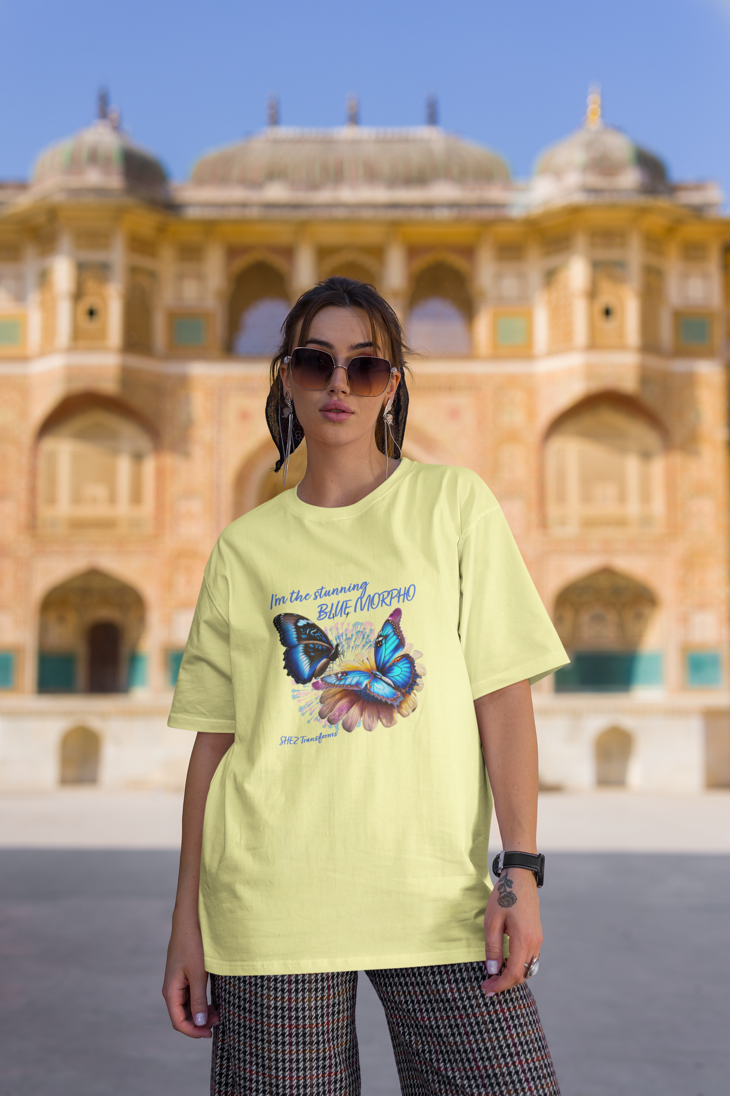 Shez Transforms Blue Morpho Butter Yellow Oversized Women Tshirts, Size : S , M, L, XL, 2XL, 3XL, 4XL, 5XL, Model in goggles View