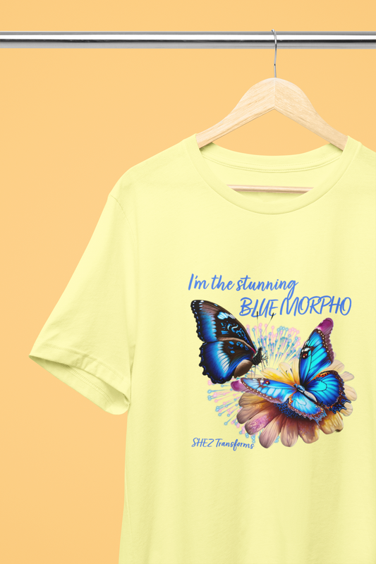 Shez Transforms Blue Morpho Butter Yellow Oversized Women Tshirts, Size : S , M, L, XL, 2XL, 3XL, 4XL, 5XL, Hanger View