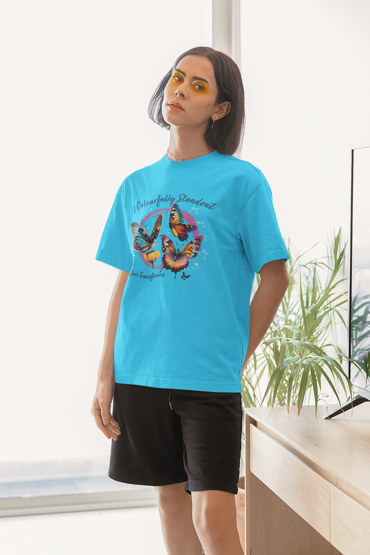 Shez Transforms Colourful Butterfly Printed Oversized women Tshirts & Women Tops, Size : S , M, L, XL, 2XL, 3XL, 4XL, 5XL, Model Standing Pose