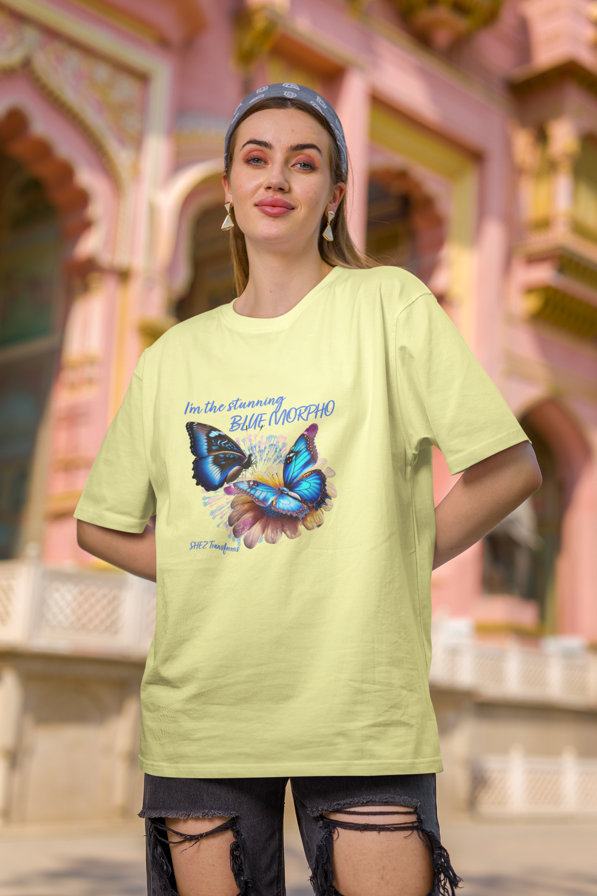 Shez Transforms Blue Morpho Butter Yellow Oversized Women Tshirts, Size : S , M, L, XL, 2XL, 3XL, 4XL, 5XL, Model Posing Front View