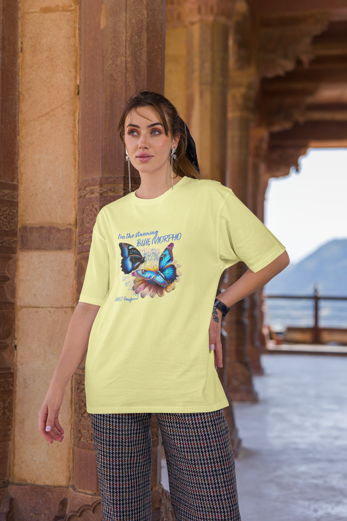 Shez Transforms Blue Morpho Butter Yellow Oversized Women Tshirts, Size : S , M, L, XL, 2XL, 3XL, 4XL, 5XL, Model Standing View
