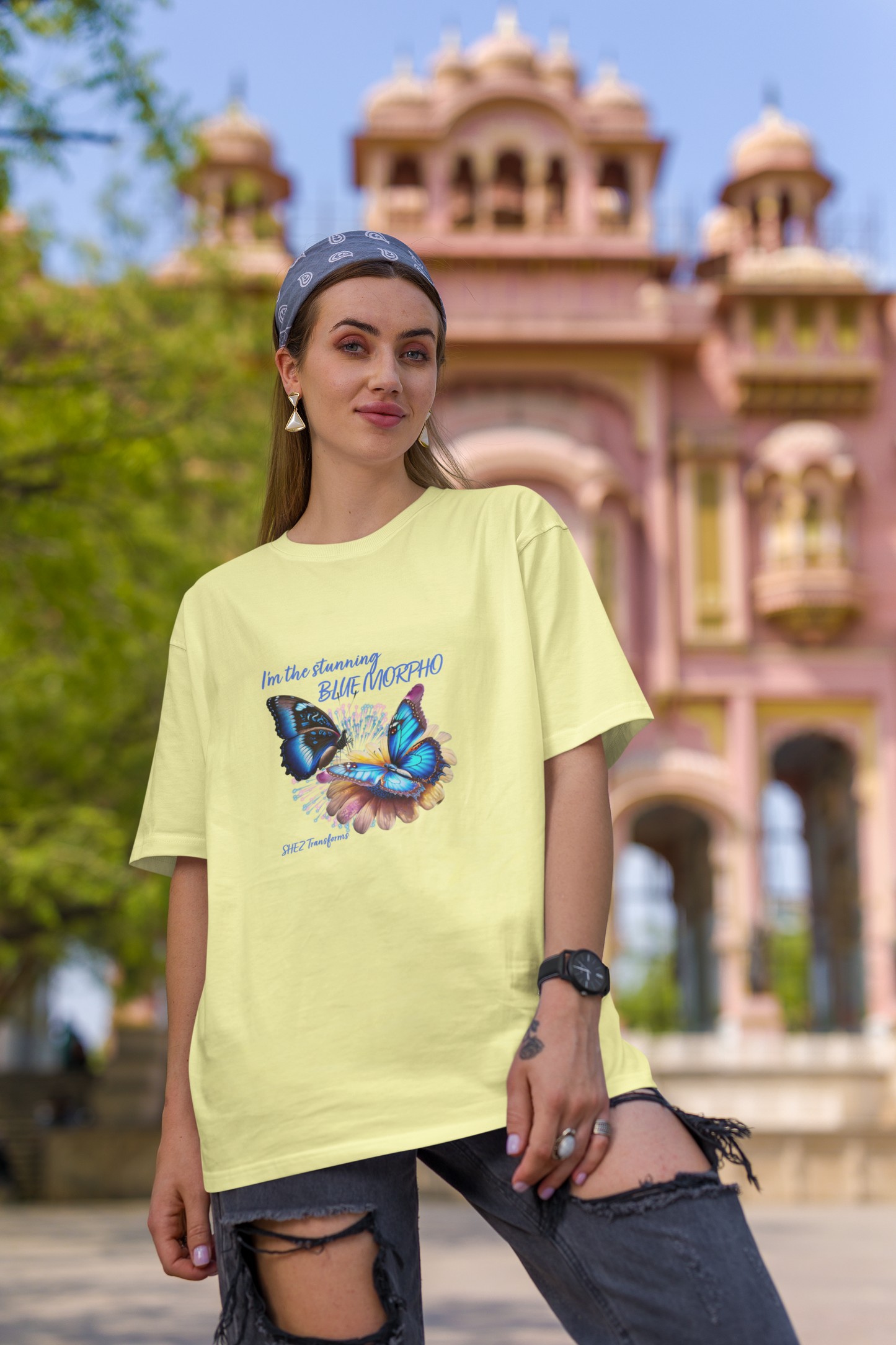 Shez Transforms Blue Morpho Butter Yellow Oversized Women Tshirts, Size : S , M, L, XL, 2XL, 3XL, 4XL, 5XL, Model Pose 2 View