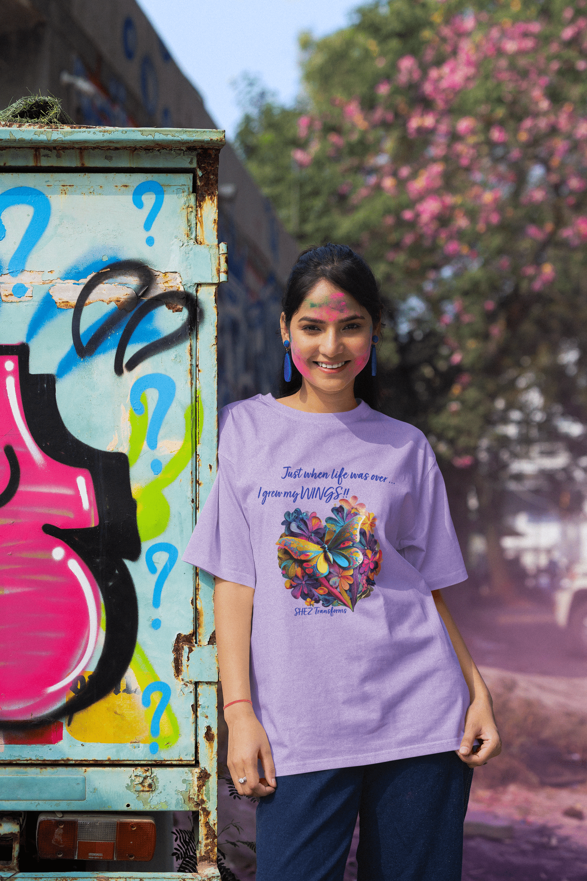 Shez Transforms, I grew my wings, Lavender Oversized women Tshirts & Women Tops, Size : S , M, L, XL, 2XL, 3XL, 4XL, 5XL, Model Posing View