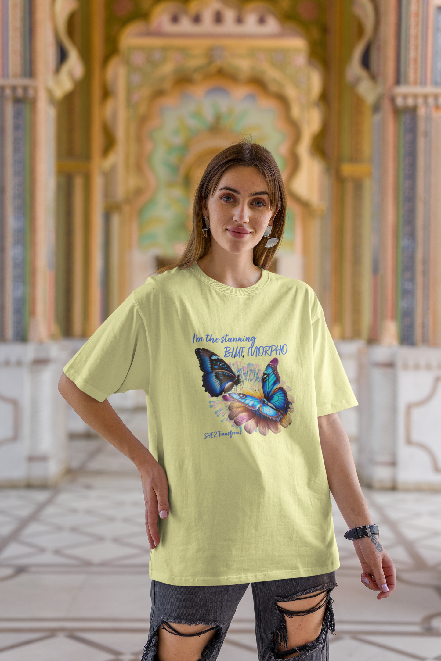 Shez Transforms Blue Morpho Butter Yellow Oversized Women Tshirts, Size : S , M, L, XL, 2XL, 3XL, 4XL, 5XL, Model Pose 3 smiling View