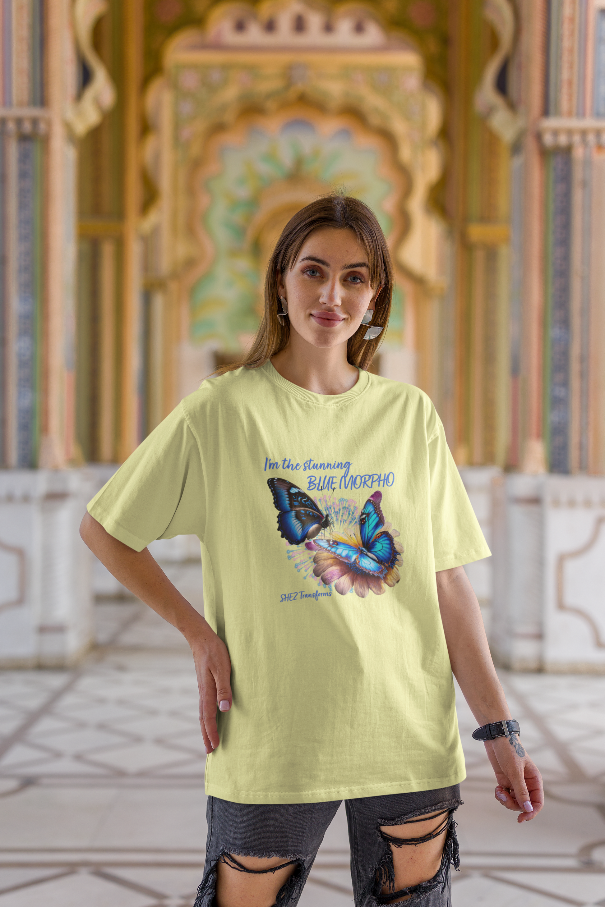 Shez Transforms Blue Morpho Butter Yellow Oversized Women Tshirts, Size : S , M, L, XL, 2XL, 3XL, 4XL, 5XL, Model Pose 3 smiling   View