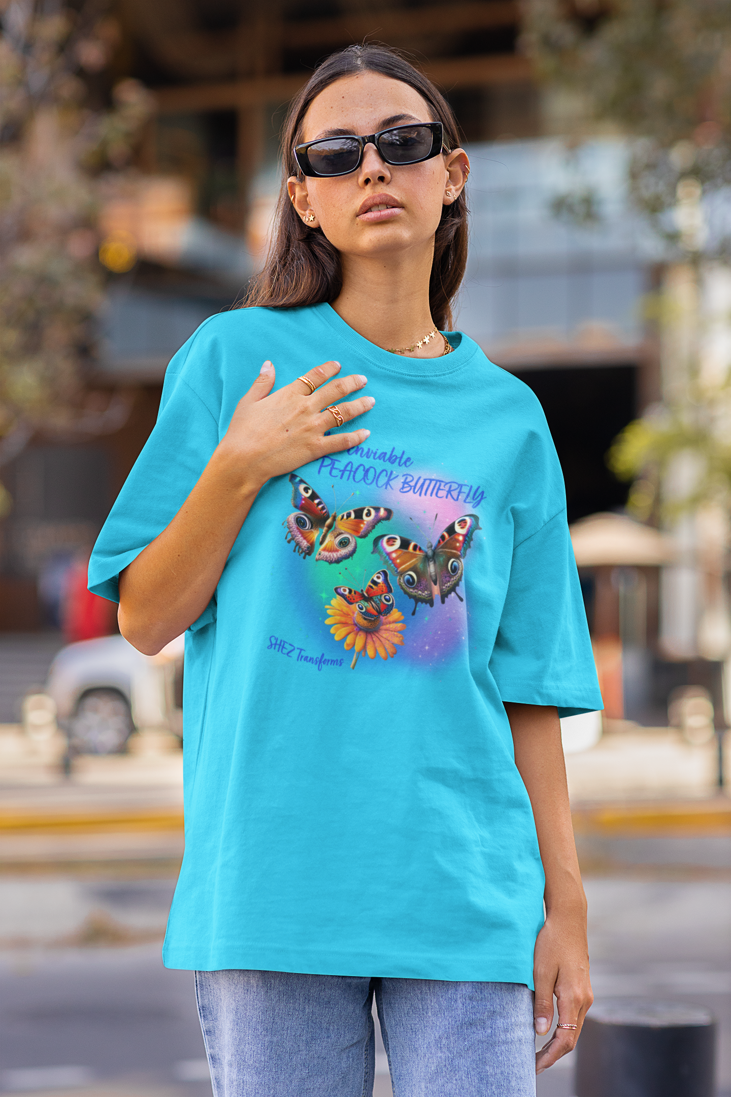 Shez Transforms Peacock Butterfly Sky Blue Oversized women Tshirts & Women Tops, Size : S , M, L, XL, 2XL, 3XL, 4XL, 5XL. Model  Side Pose