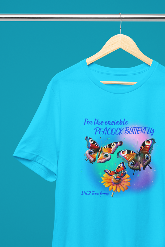 Shez Transforms Peacock Butterfly Sky Blue Oversized women Tshirts & Women Tops, Size : S , M, L, XL, 2XL, 3XL, 4XL, 5XL. Hanger Pose 