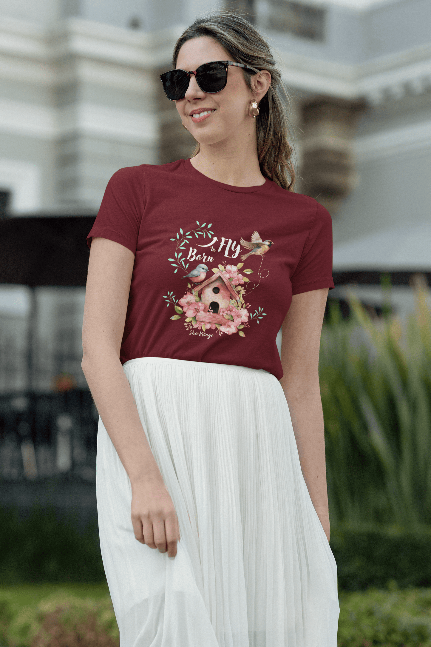 Shez Wings Born to Fly, Maroon Oversized T Shirt Women, Model Smile View, S,M,L,XL,2XL,3XL,4XL,5XL