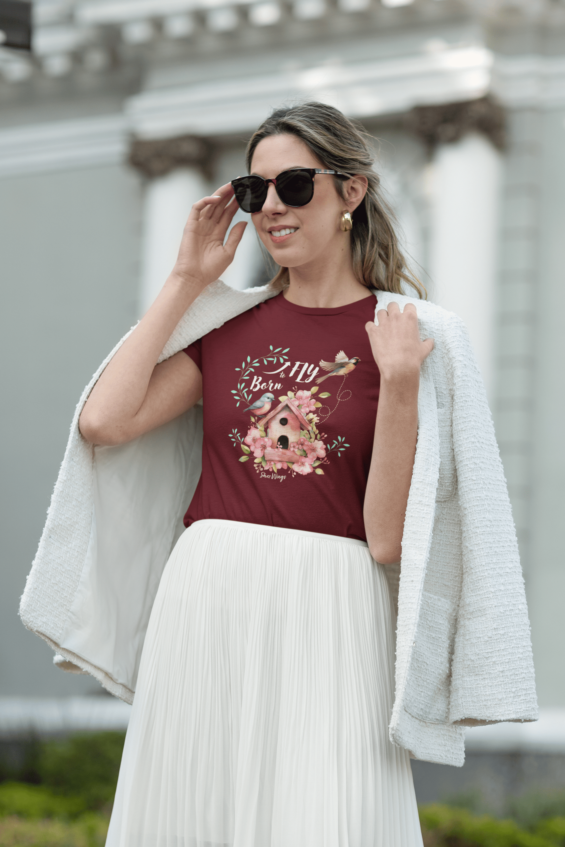 Shez Wings Born to Fly, Maroon Oversized T Shirt Women, Model Goggles View, S,M,L,XL,2XL,3XL,4XL,5XL