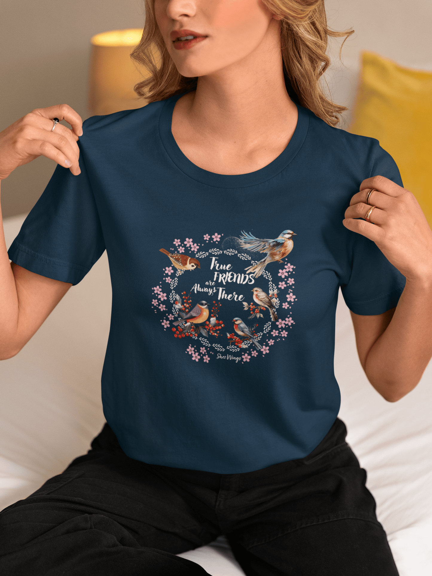 Shez Wings, Teus Friends, Navy Blue Bird Printed Over Sized T Shirt Women, S,M,L,XL,2XL,3XL,4XL,5XL, Model sitting View