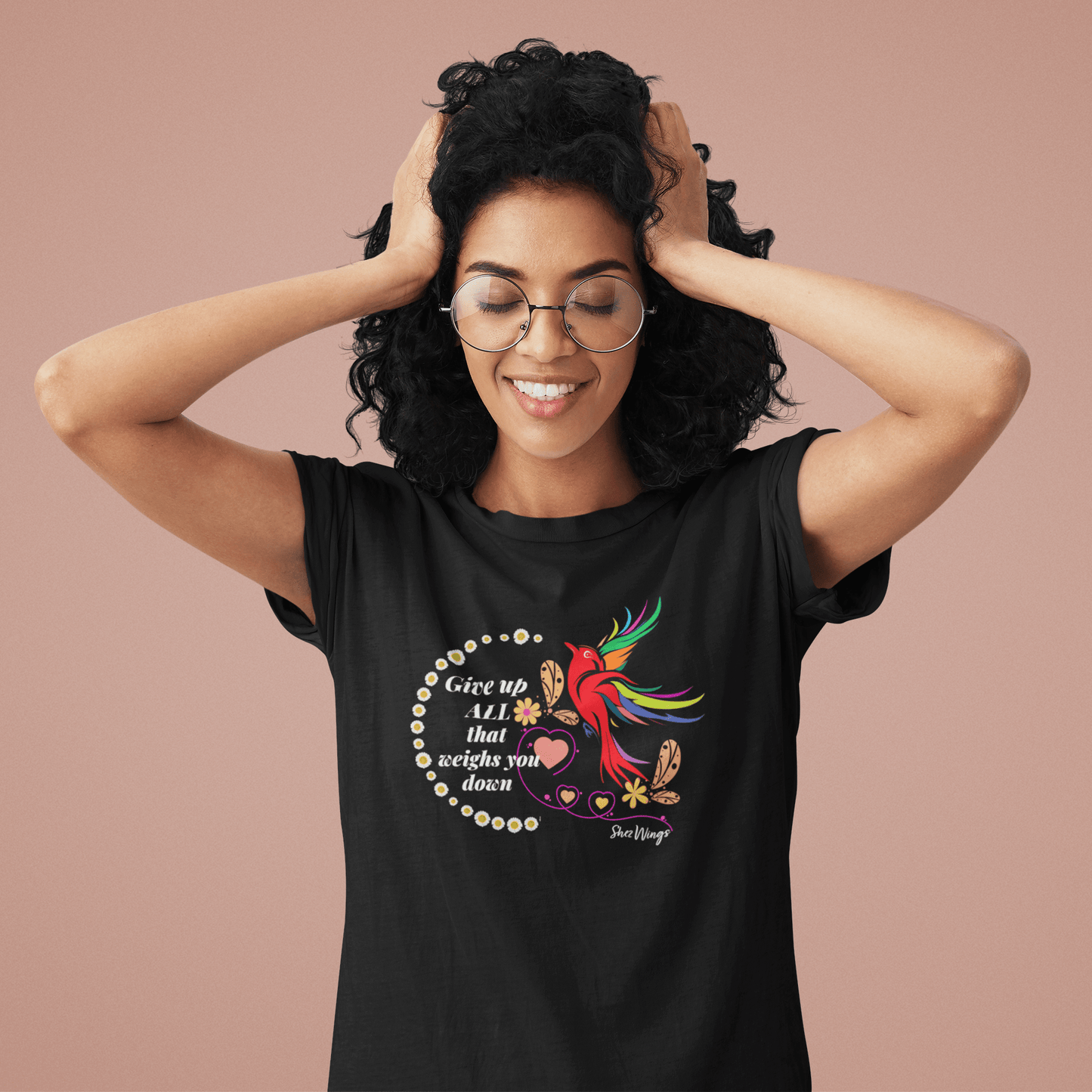 Shez Wings, Give up All Black Oversized Printed T Shirt Women