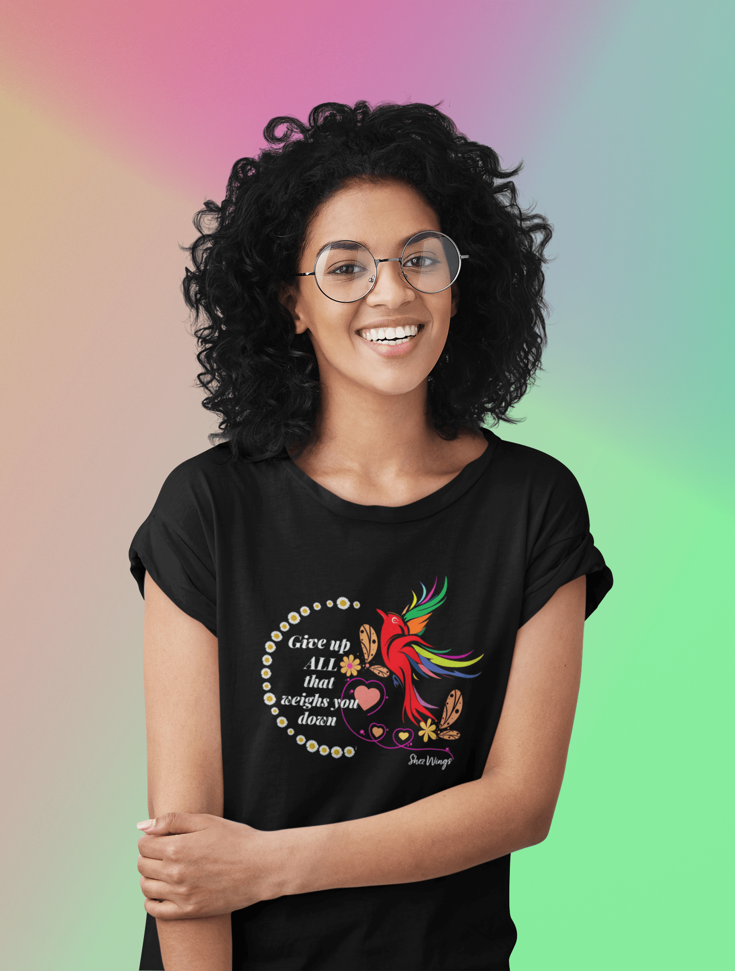 Shez Wings, Give up All Black Oversized Printed T Shirt Women