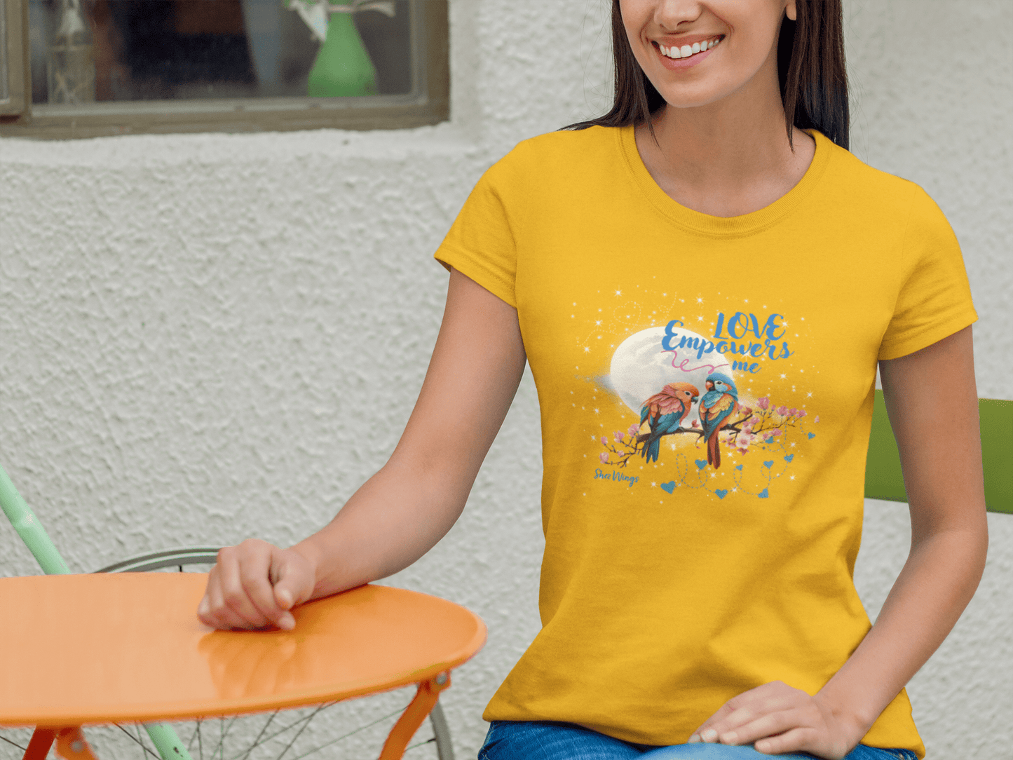 Shez Wings, Love. Golden Yellow Oversize T shirt Women, S,m,l,xl,2xl,3xl,4xl,5xl, Model sitting smiling view