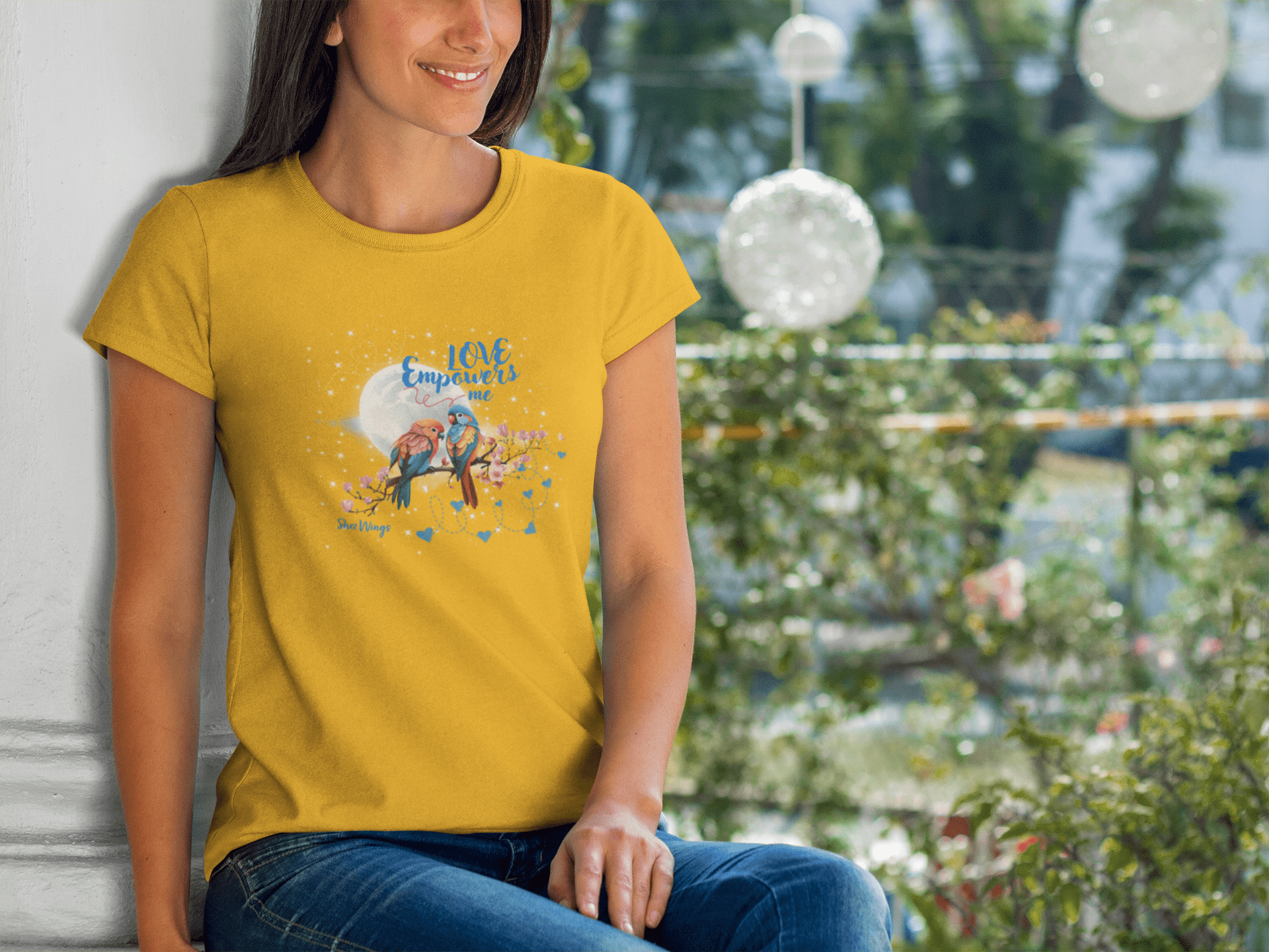 Shez Wings, Love. Golden Yellow Oversize T shirt Women, S,m,l,xl,2xl,3xl,4xl,5xl, Model sitting view