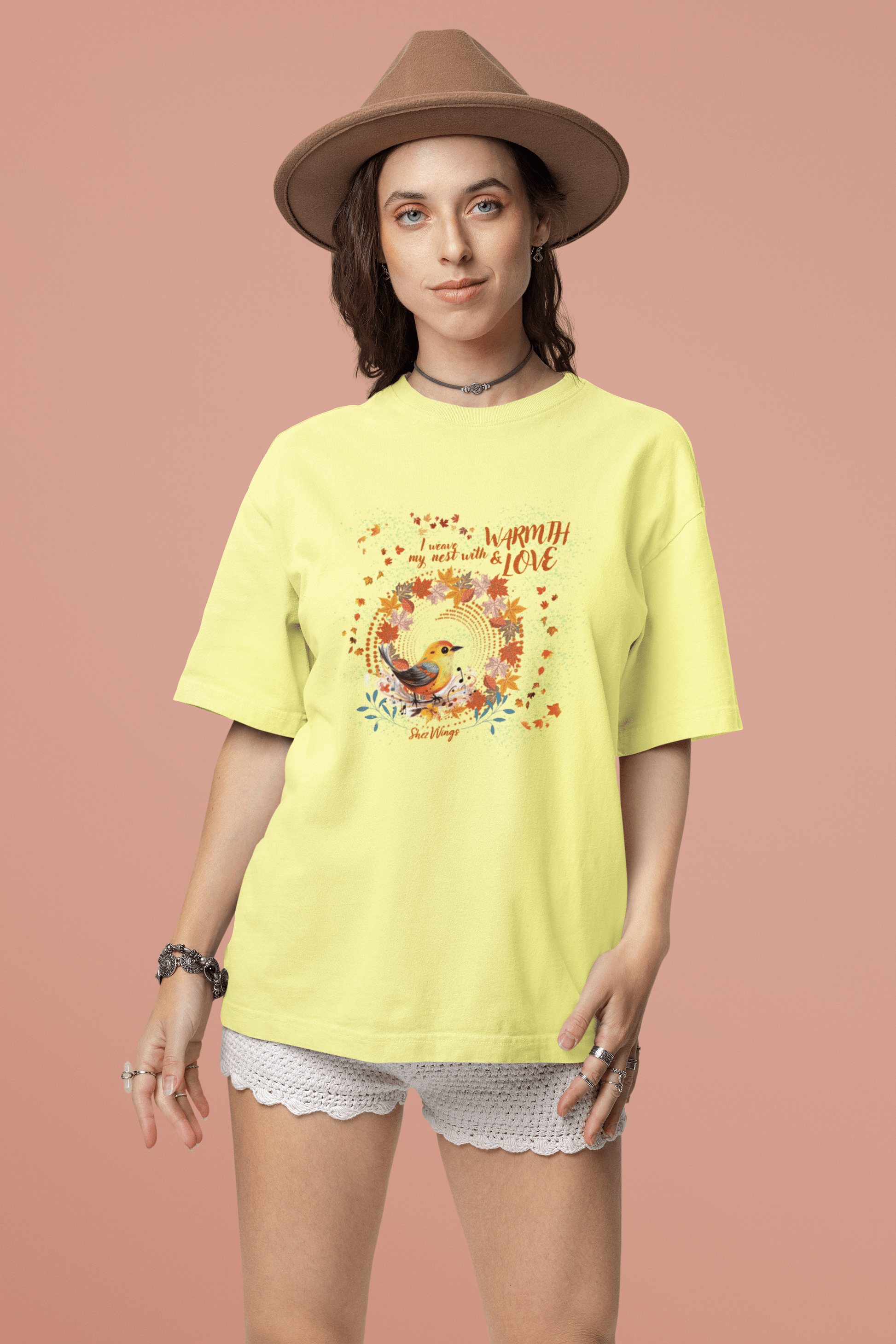 Shez Wings, Nest, Butter Yellow, Printed Over Sized T Shirt, Women, S,M,L,XL,2XL,3XL,4XL,5XL, Model Posing with Hat View