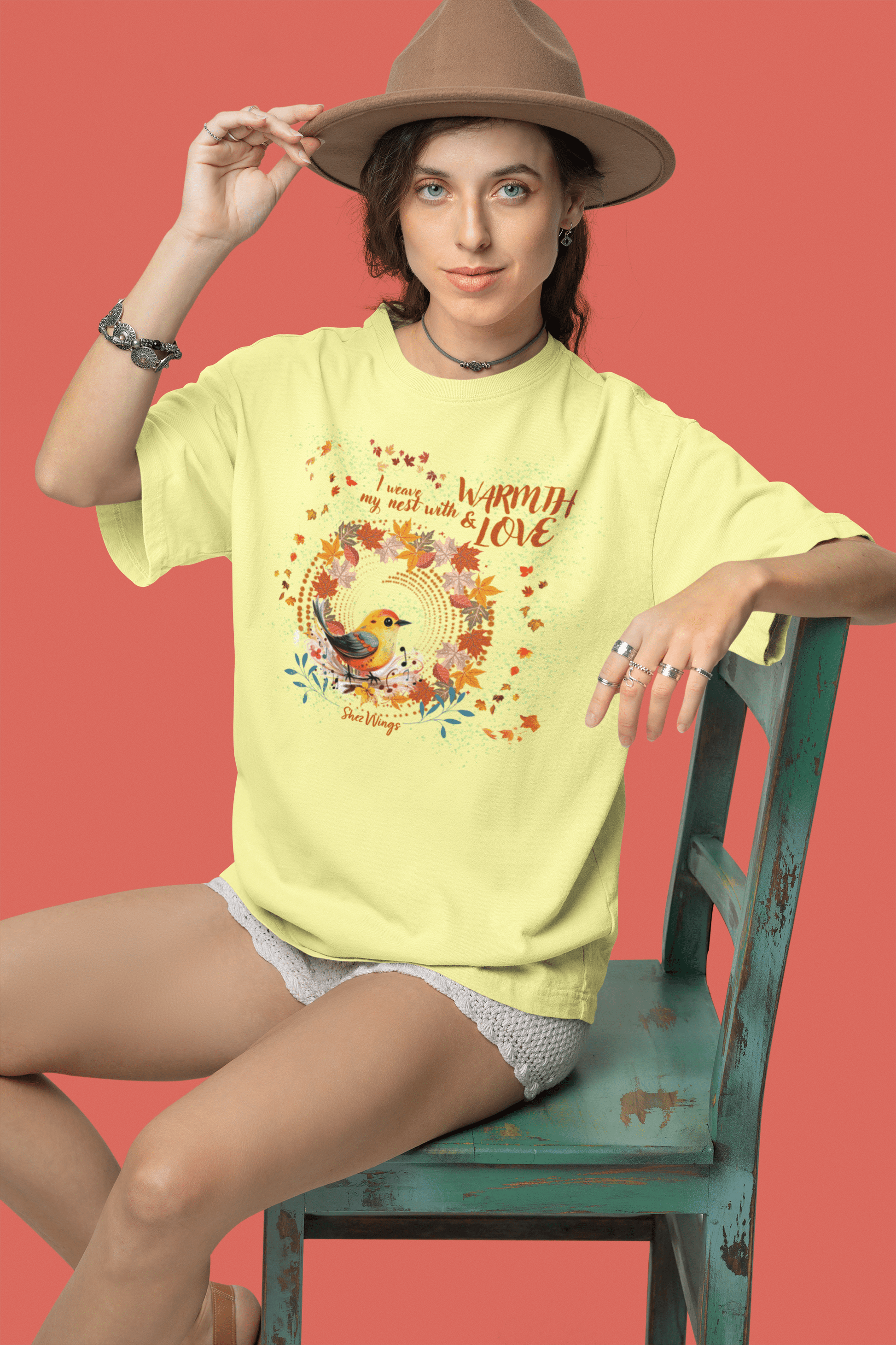 Shez Wings, Nest, Butter Yellow, Printed Over Sized T Shirt, Women, S,M,L,XL,2XL,3XL,4XL,5XL, Model Sitting with Hat View