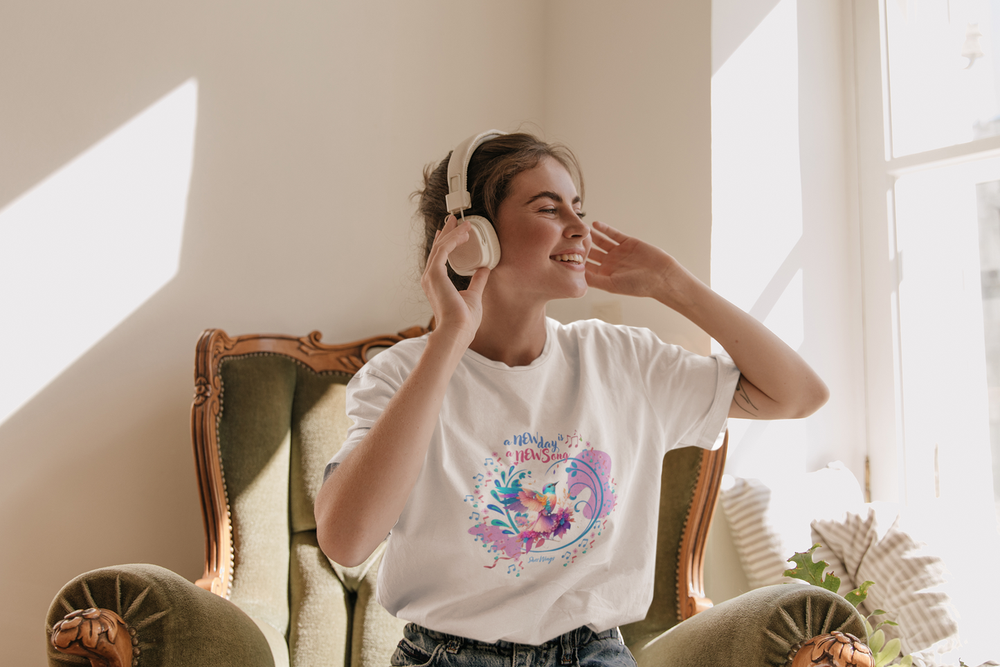 Shez Wings - A New Song- White Oversized Printed Women T Shirt, Model sitting view, Size S,M,L,XL,2XL,3XL,4XL,5XL