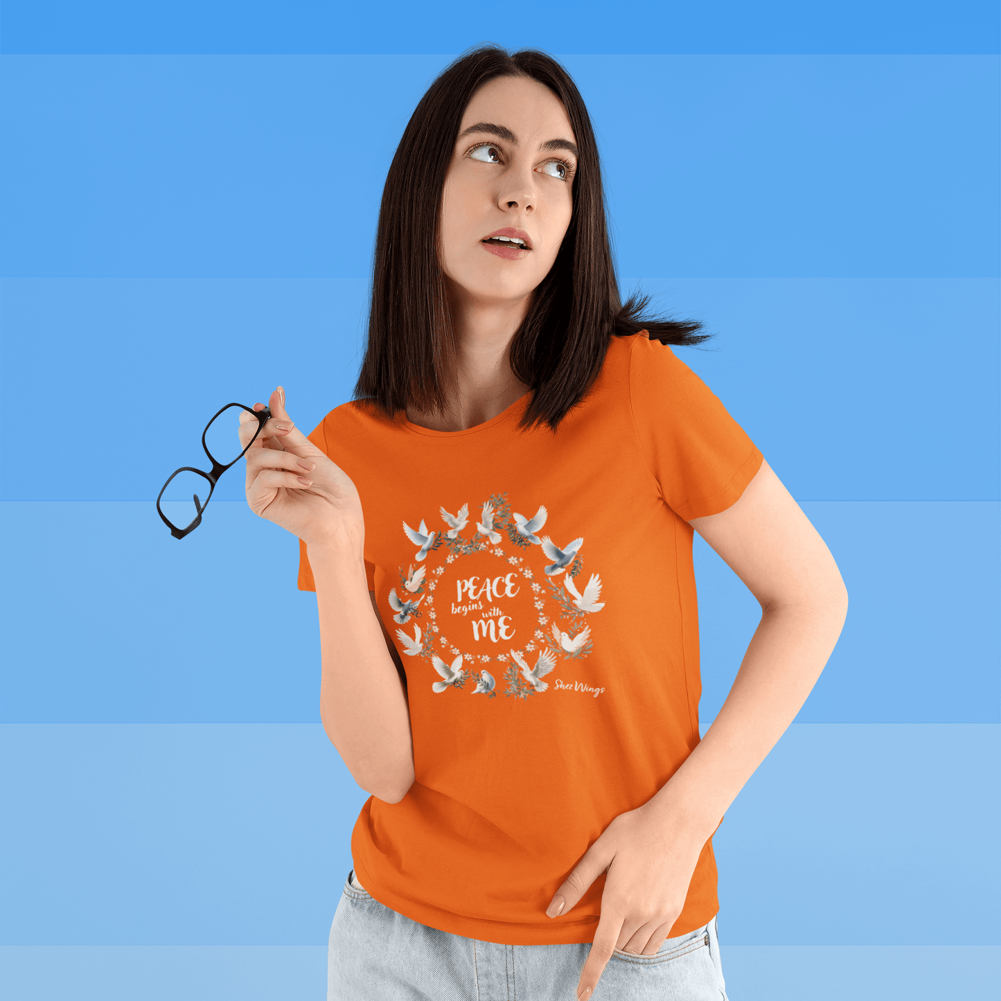 Shez Wings Peace, Orange, Oversized T Shirt  Women, Model Thinking view, S,M,L,XL, 2XL,3XL,4XL