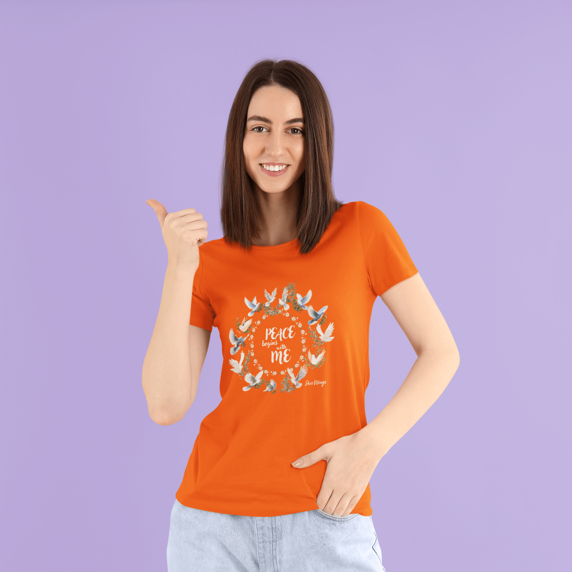 Shez Wings Peace, Orange, Oversized T Shirt  Women, Model Thumbsup view, S,M,L,XL, 2XL,3XL,4XL