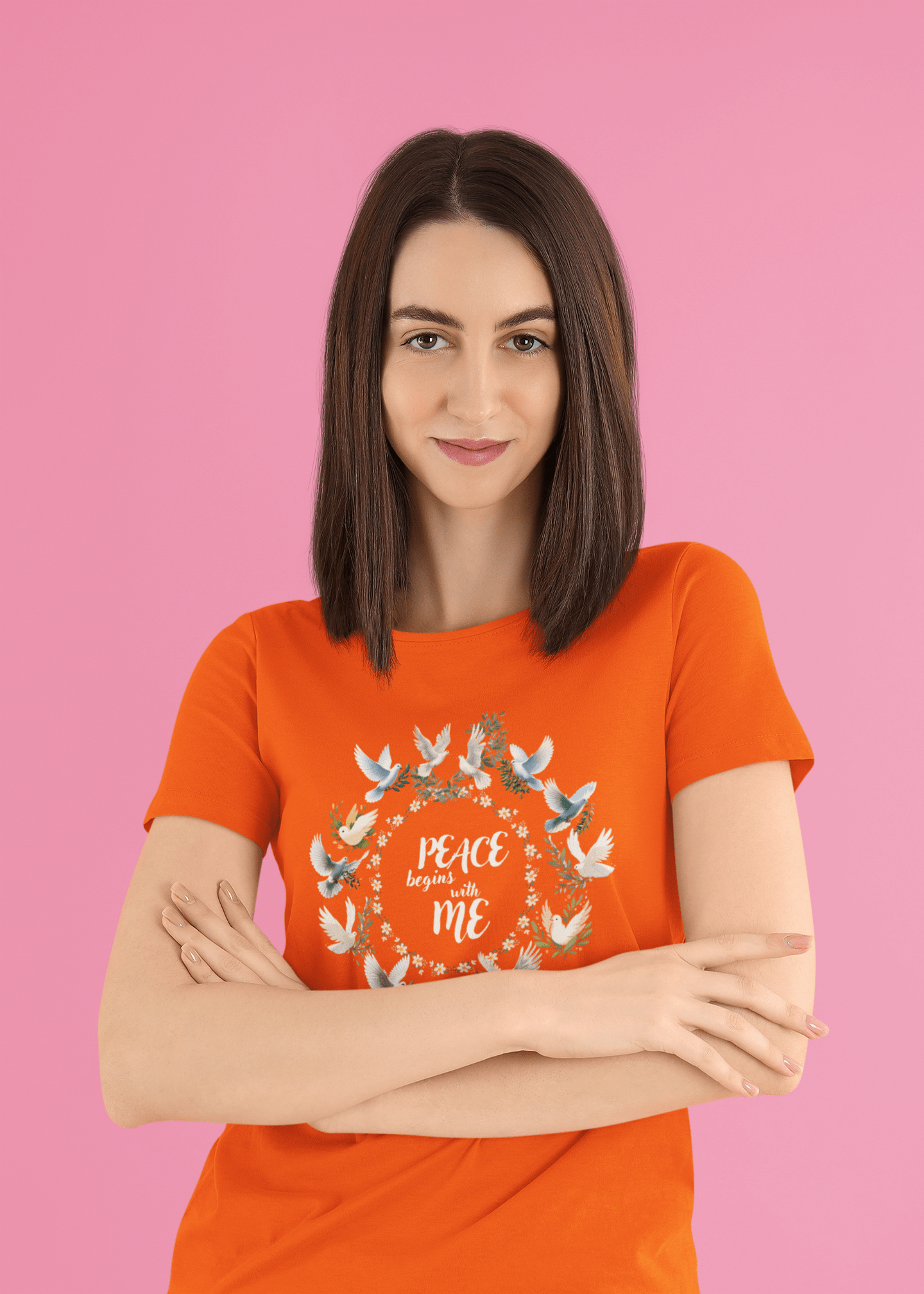 Shez Wings Peace, Orange, Oversized T Shirt  Women, Model Foldedarms view, S,M,L,XL, 2XL,3XL,4XL