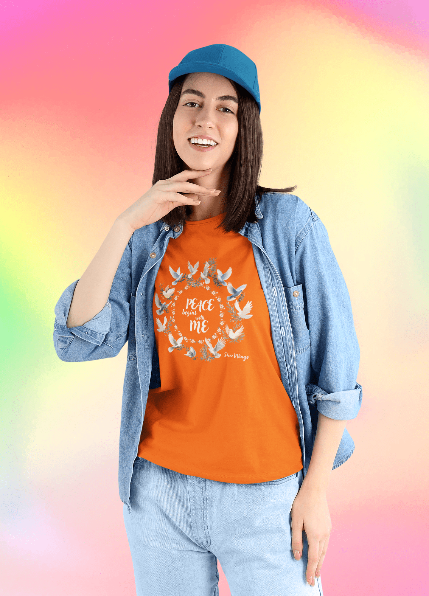 Shez Wings Peace, Orange, Oversized T Shirt  Women, Model Front view, S,M,L,XL, 2XL,3XL,4XL