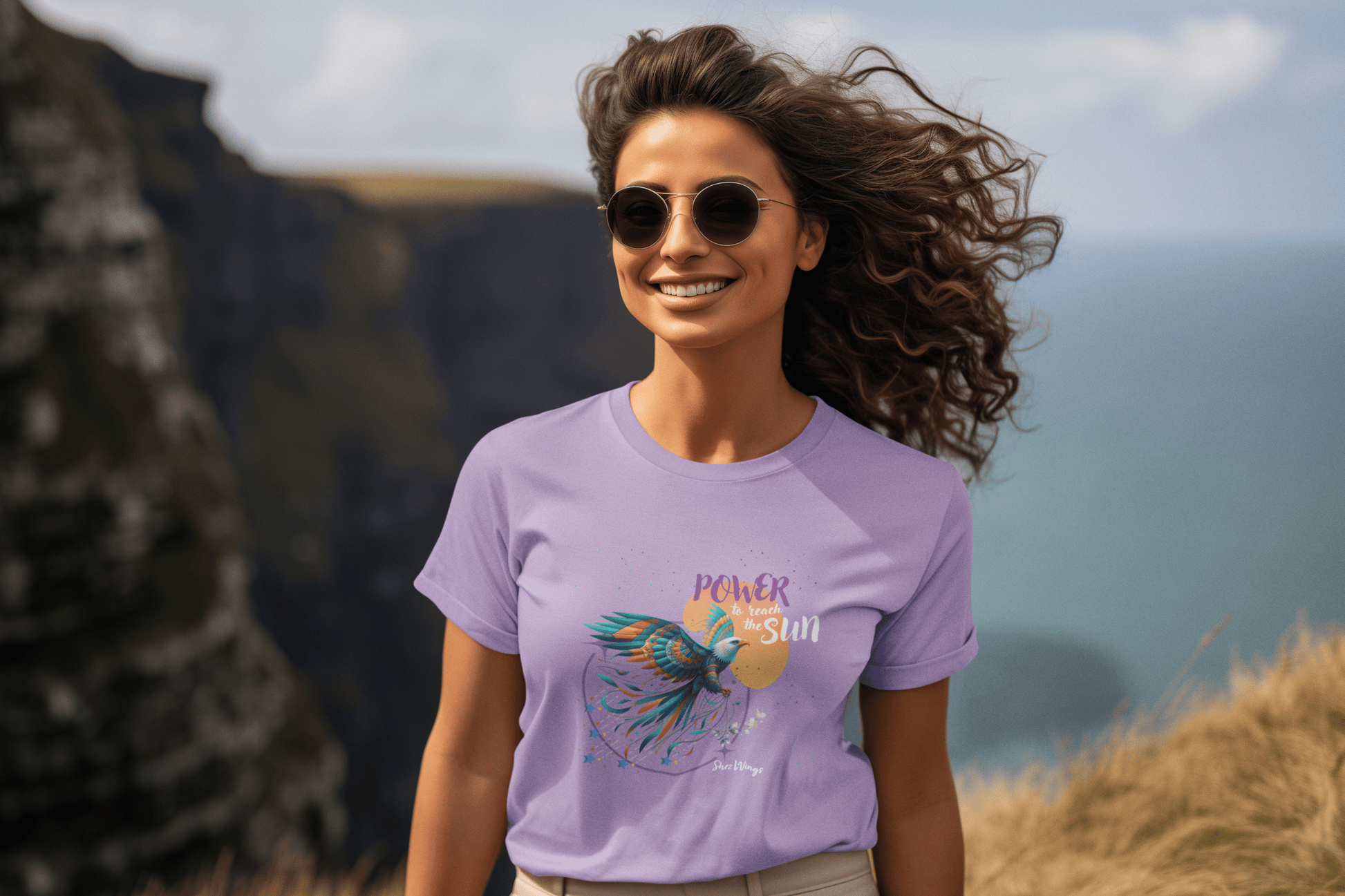 Shez Wings, Power, Lavender, Over Sized T Shirt Women, S,M,L,XL,2XL,3XL,4XL,5XL, Smiling Model Front View