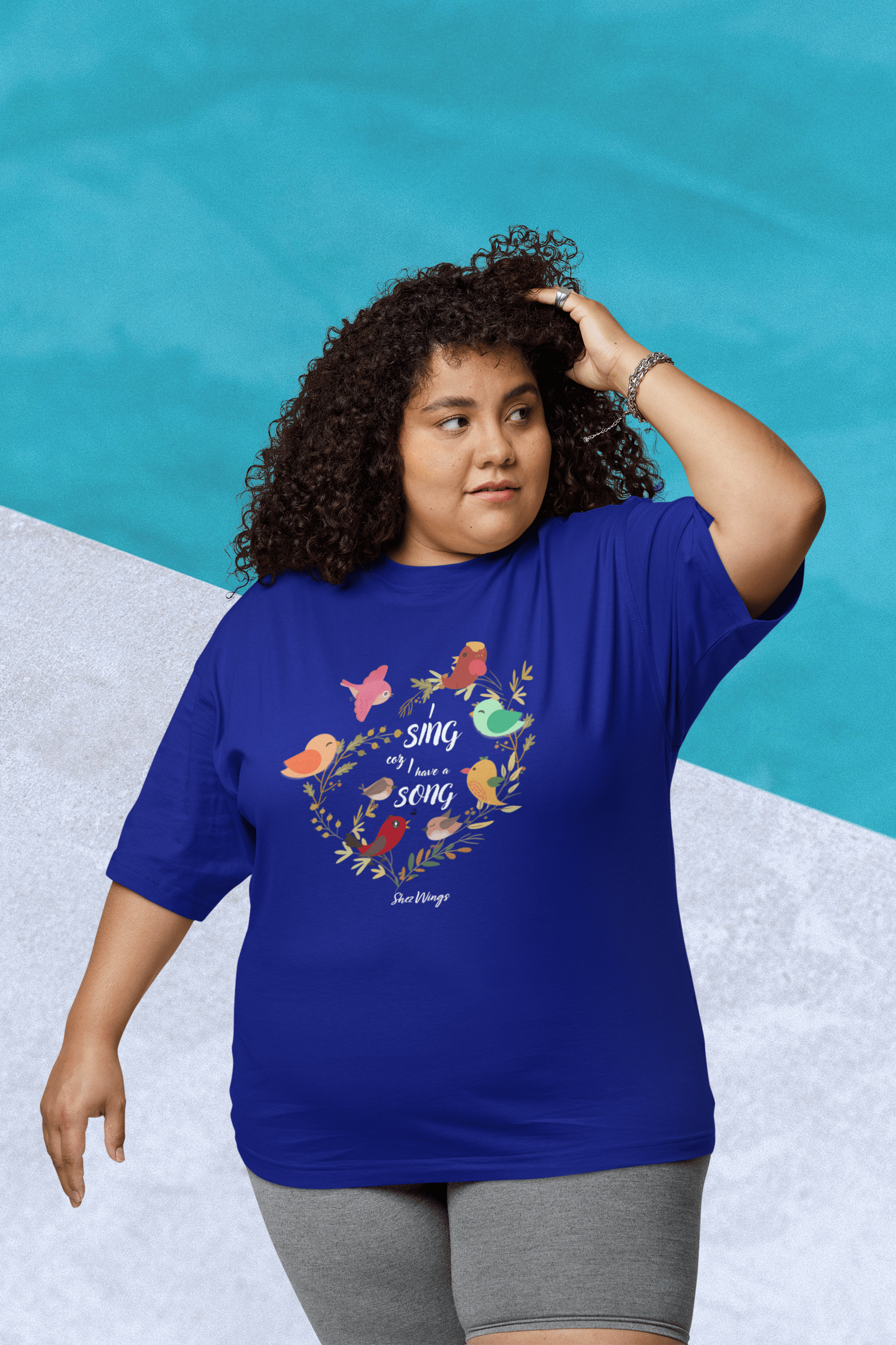 Shez Wings, I Sing Royal Blue Oversized Printed T Shirt Women, S,M,L,XL2XL,3XL4XL5XL, Model Front 2 View