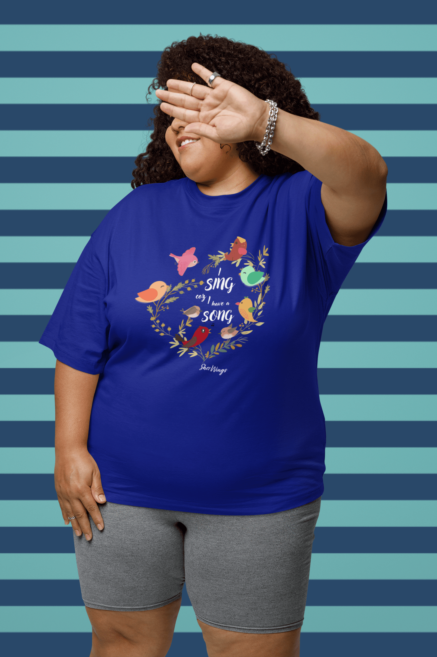 Shez Wings, I Sing Royal Blue Oversized Printed T Shirt Women, S,M,L,XL2XL,3XL4XL5XL, Model hiding face View