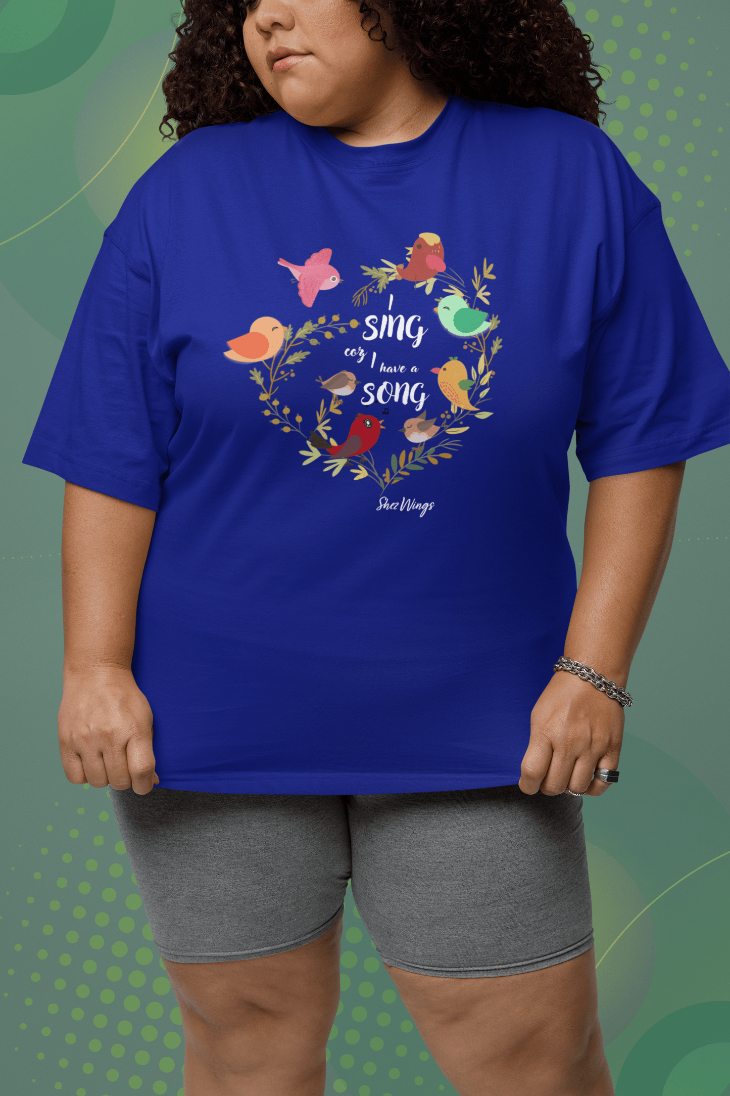 Shez Wings, I Sing Royal Blue Oversized Printed T Shirt Women, S,M,L,XL2XL,3XL4XL5XL, Model Standing  View