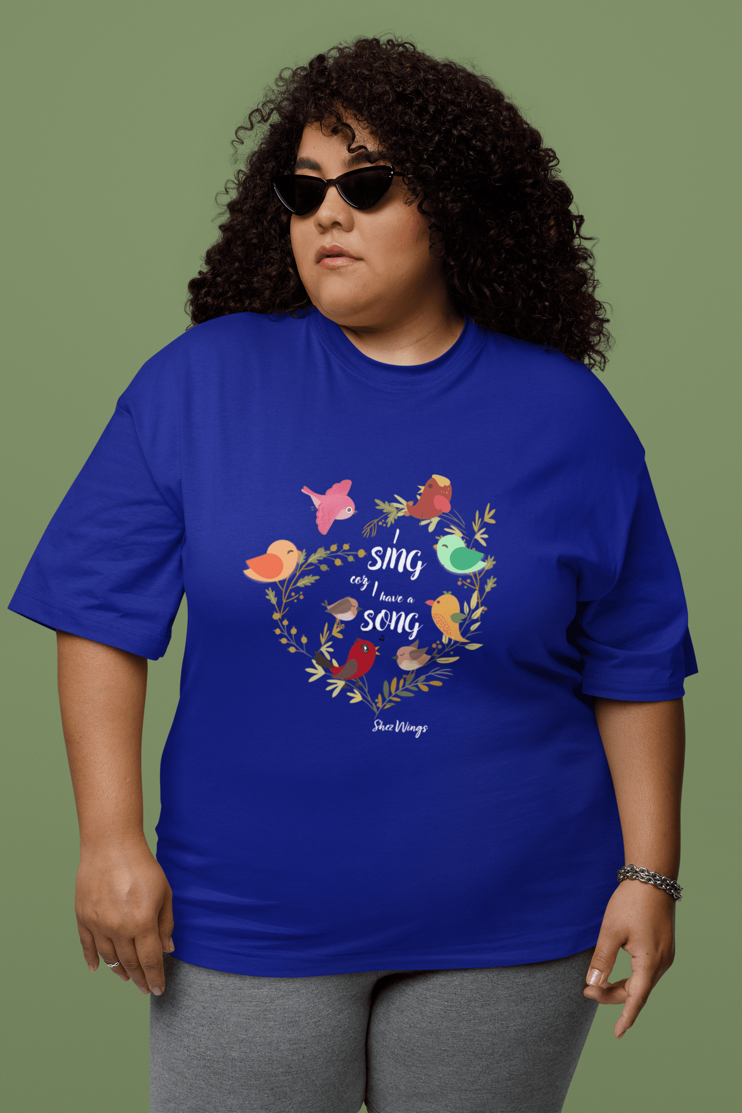 Shez Wings, I Sing Royal Blue Oversized Printed T Shirt Women, S,M,L,XL2XL,3XL4XL5XL, Model Front View