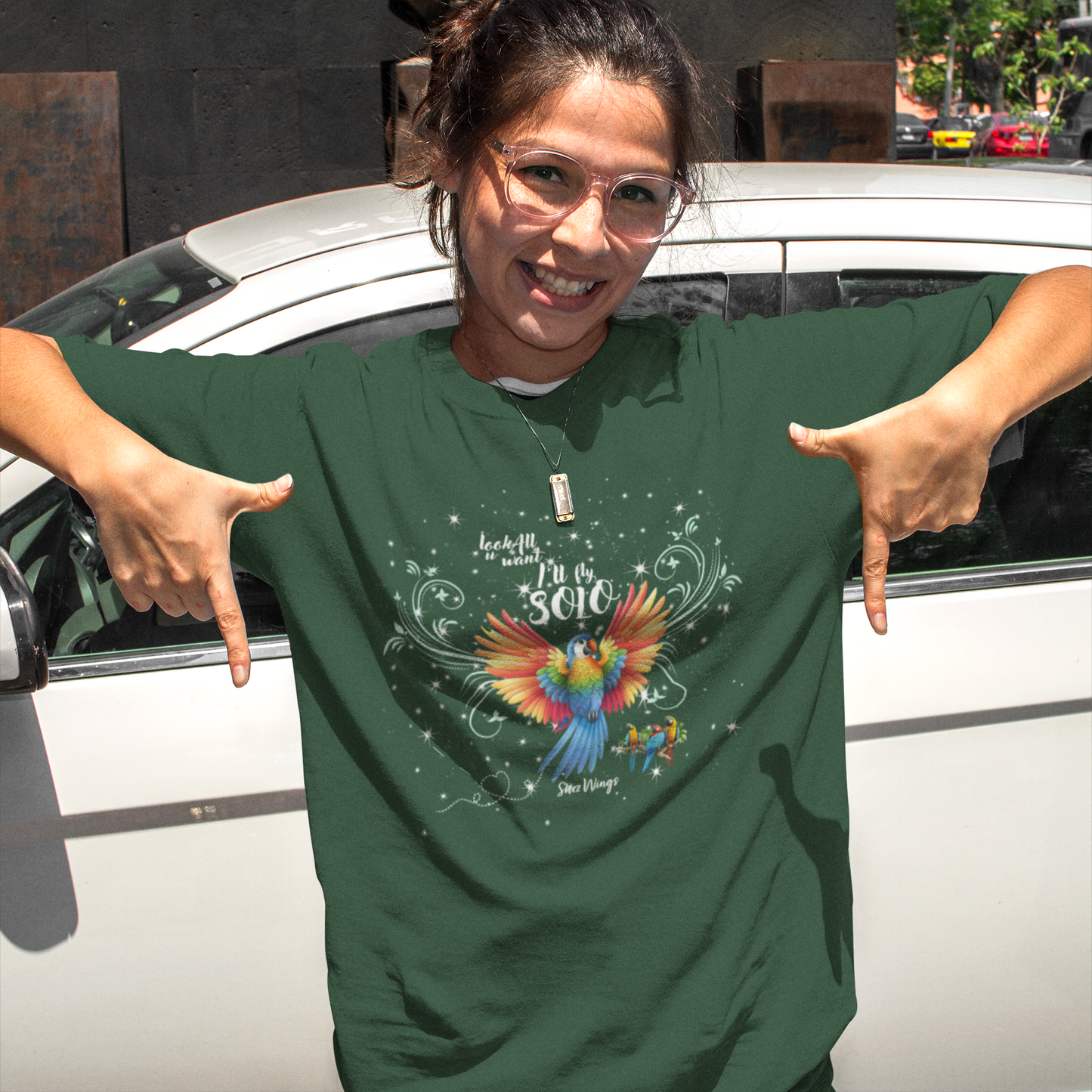 Shez Wings, I fly solo, Olive Green Oversized Printed T Shirt Women, S,M,L,XL,2XL,3XL,4XL,5XL, Model posing View