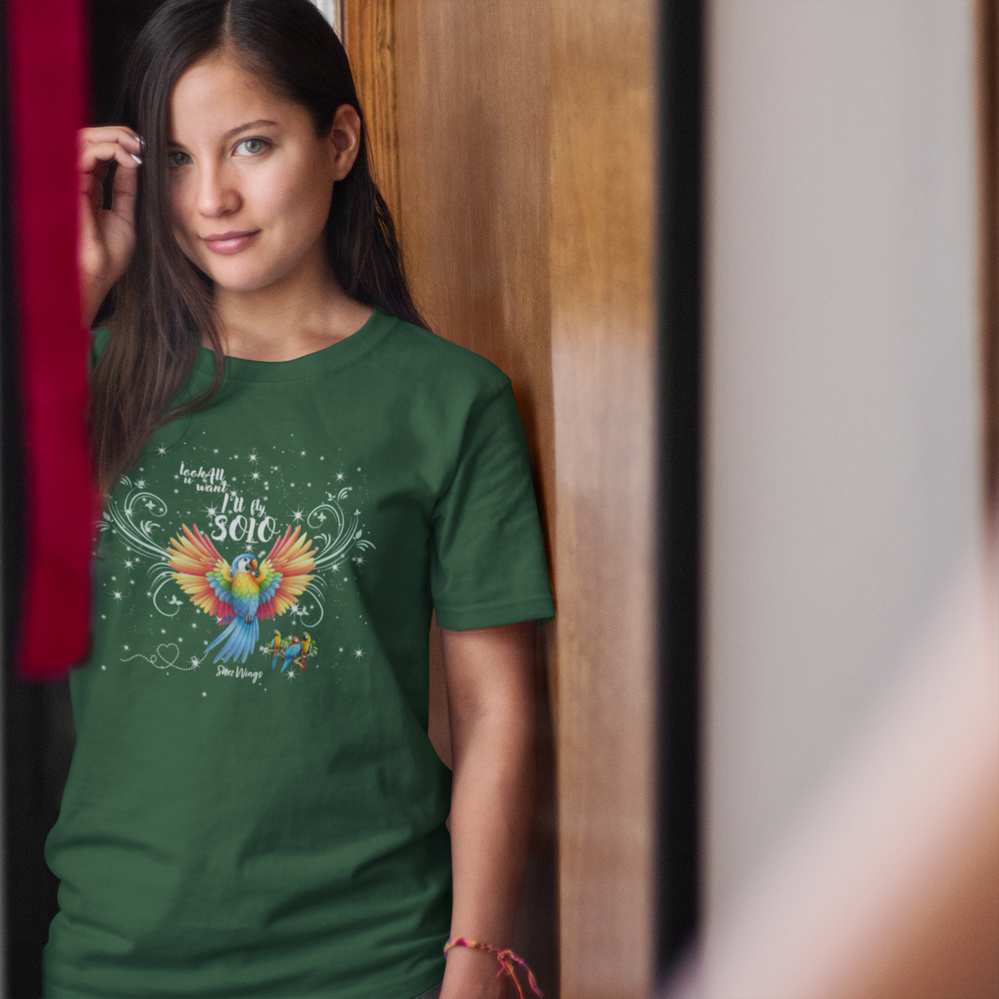 Shez Wings, I fly solo, Olive Green Oversized Printed T Shirt Women, S,M,L,XL,2XL,3XL,4XL,5XL, Model smiling View