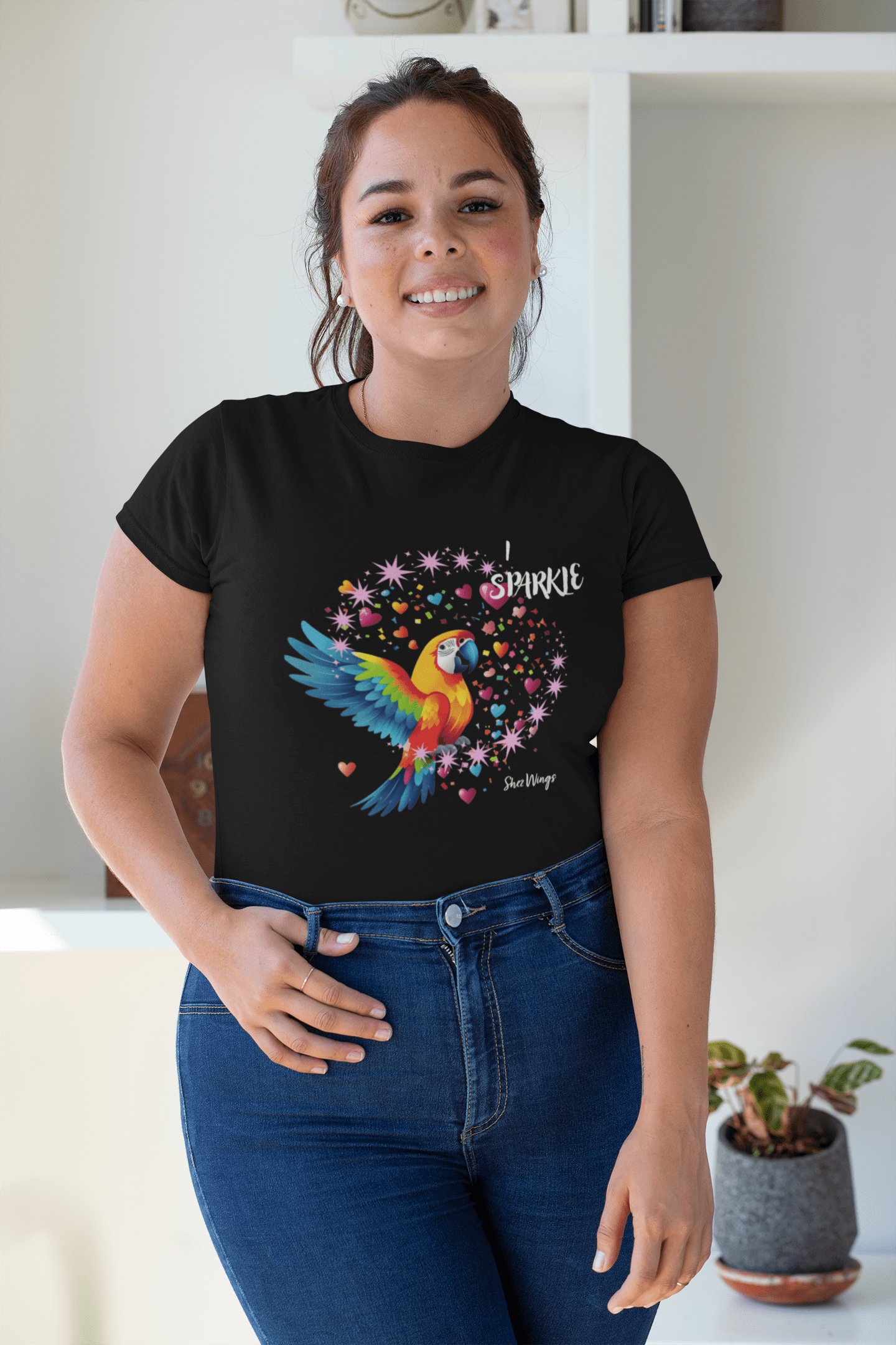 Shez Wings, I Sparkle, Black Printed Over Sized  T Shirt Women, S,M,L,XL,2XL,3XL,4XL,5XL, Model  smiling View