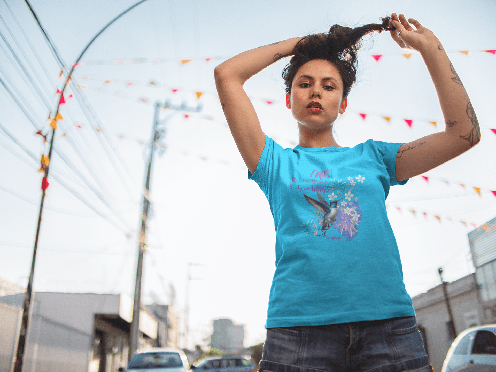 Shez Wings, Trust Your Wings Sky Blue Printed Over Sized T Shirts Women, S,M,L,XL,2XL,3XL,4XL,5XL, Model Posing View