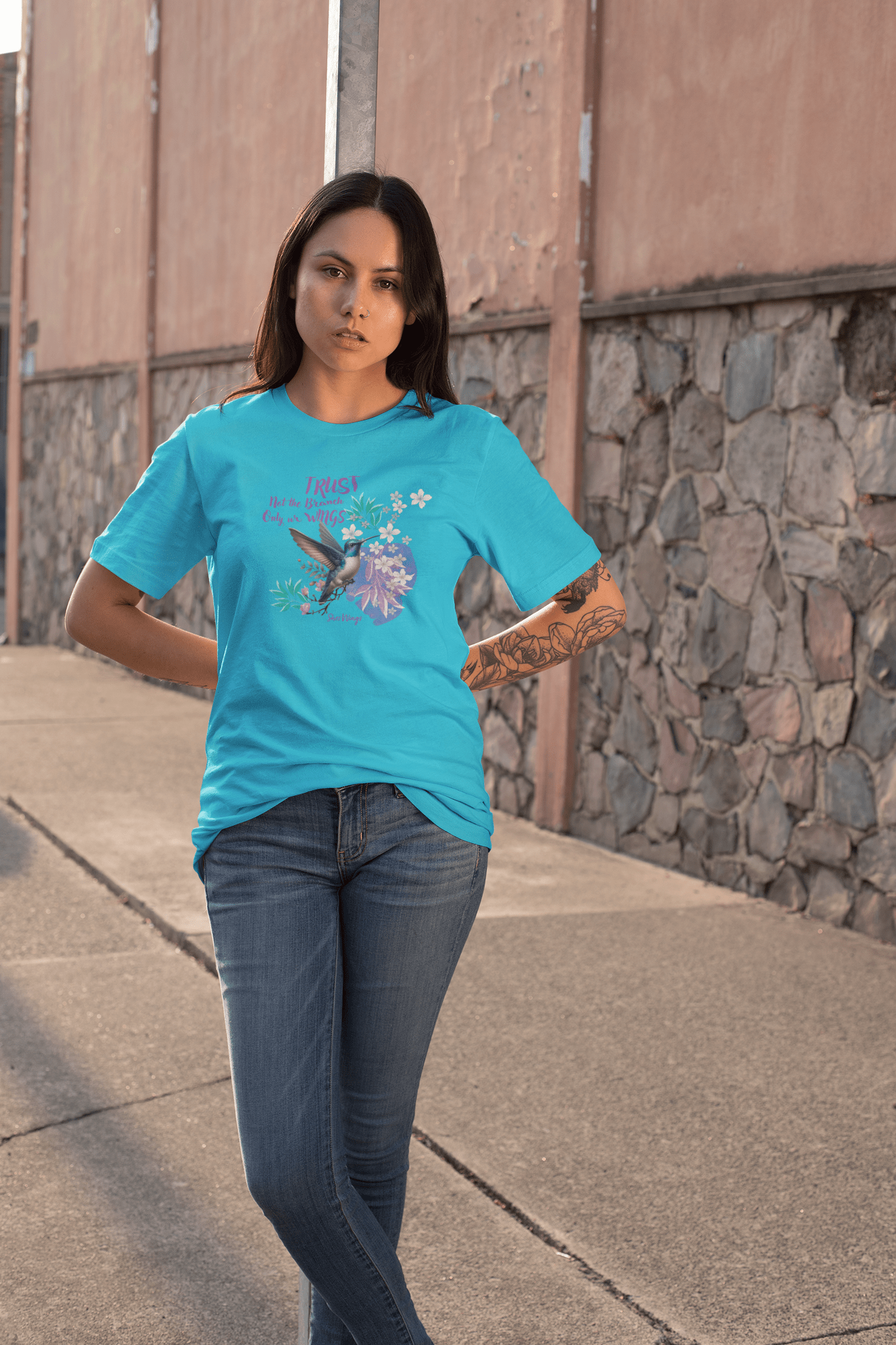 Shez Wings, Trust Your Wings Sky Blue Printed Over Sized T Shirts Women, S,M,L,XL,2XL,3XL,4XL,5XL, Model Front View