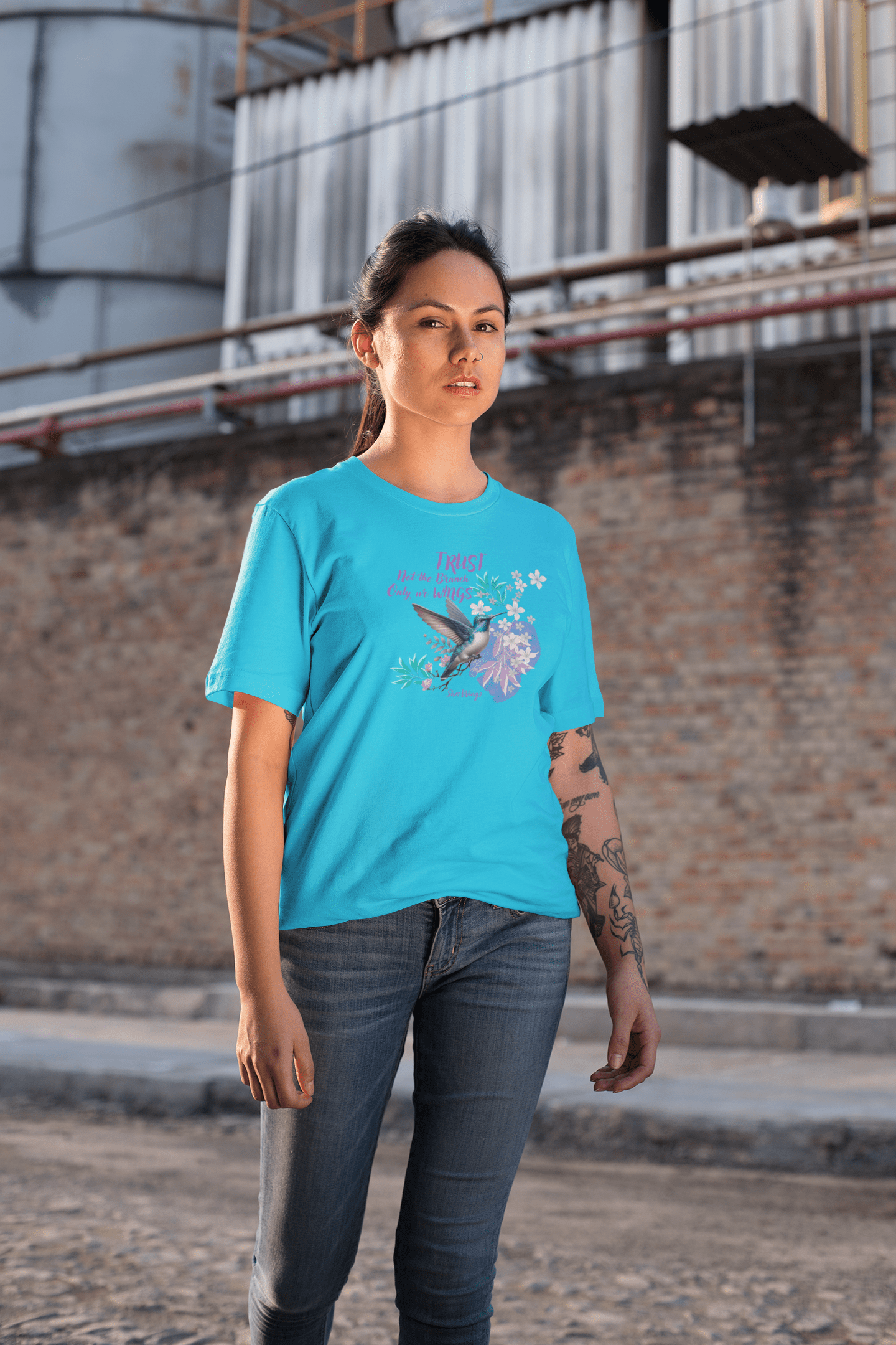 Shez Wings, Trust Your Wings Sky Blue Printed Over Sized T Shirts Women, S,M,L,XL,2XL,3XL,4XL,5XL, Model Standing  View