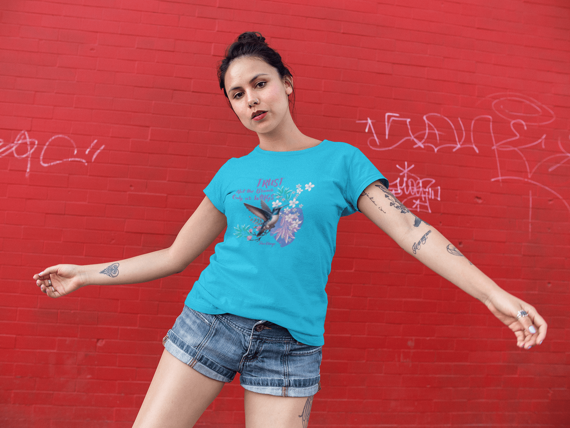 Shez Wings, Trust Your Wings Sky Blue Printed Over Sized T Shirts Women, S,M,L,XL,2XL,3XL,4XL,5XL, Model Dancing View